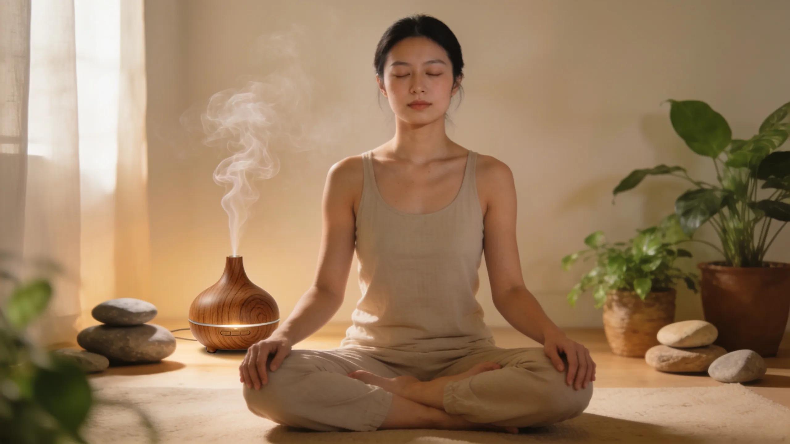 Meditation setting with sandalwood oil diffusion, promoting calmness and mindfulness Meditation setting with sandalwood oil diffusion, promoting calmness and mindfulness