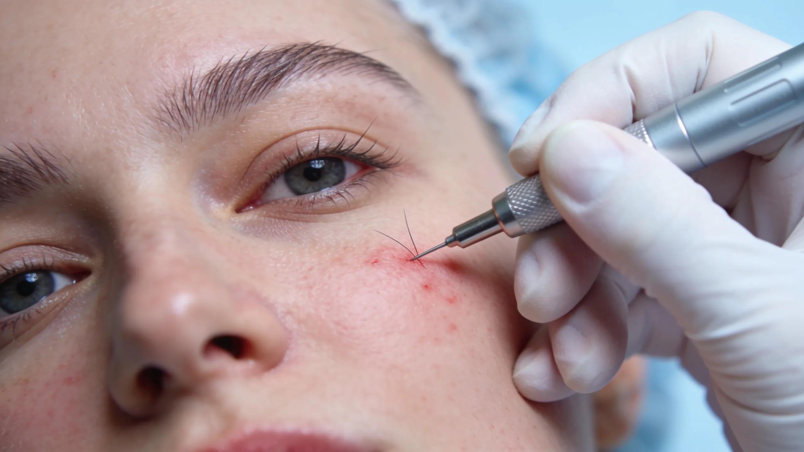 Technician performing electrolysis tattoo hair removal with precision tools on a client's skin