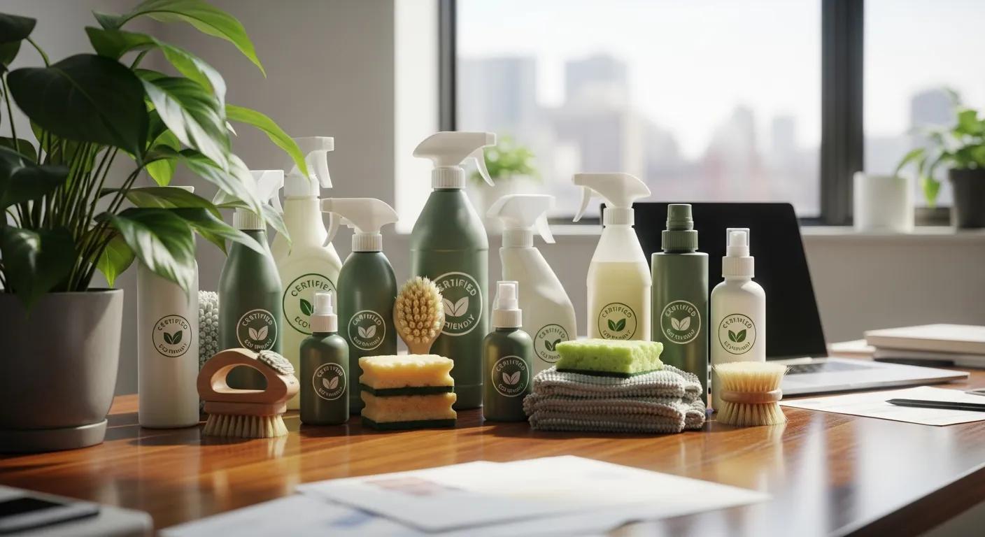 Certified eco-friendly cleaning products on display in a workspace Certified eco-friendly cleaning products on display in a workspace