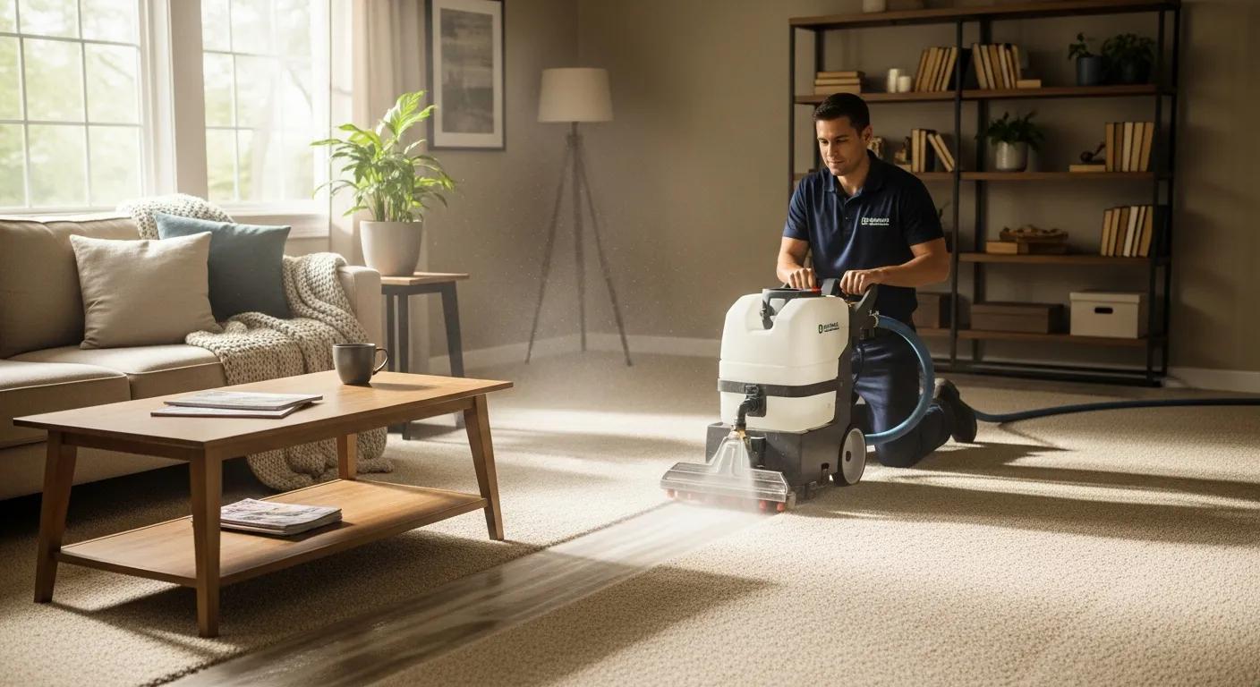 Cozy living room with a clean carpet and professional carpet cleaning in action