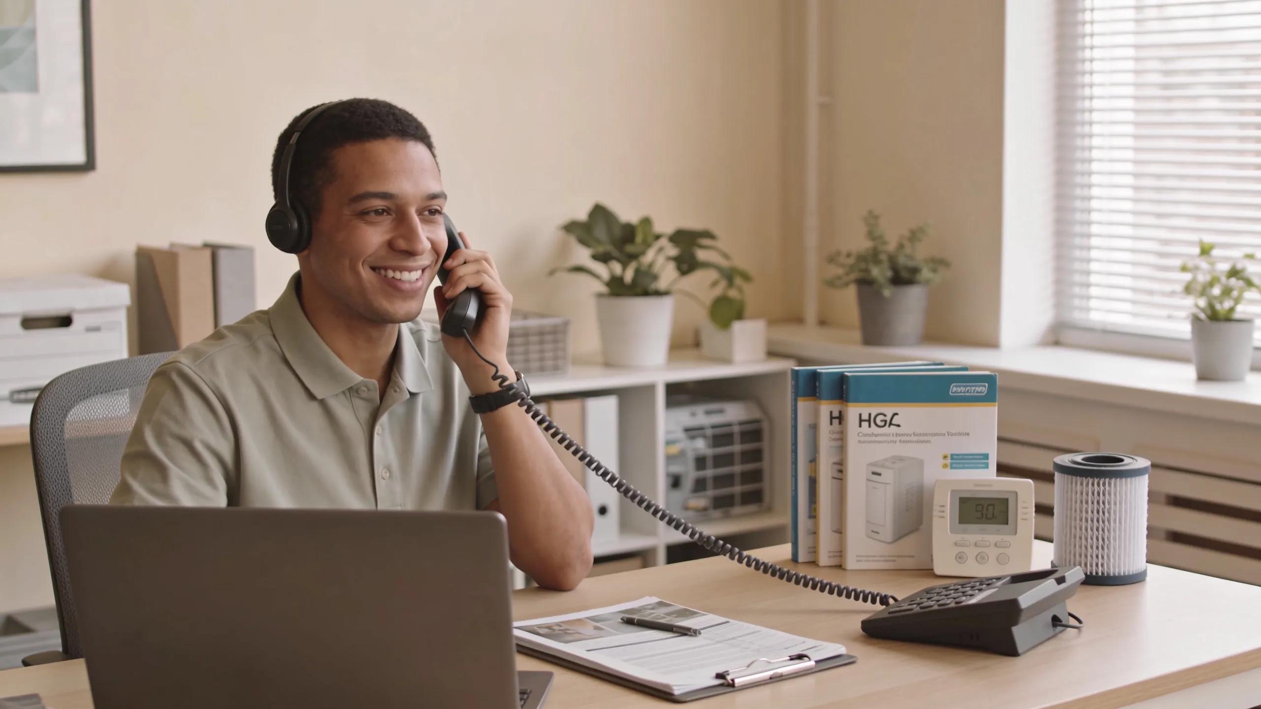 Customer service representative assisting clients with HVAC inquiries