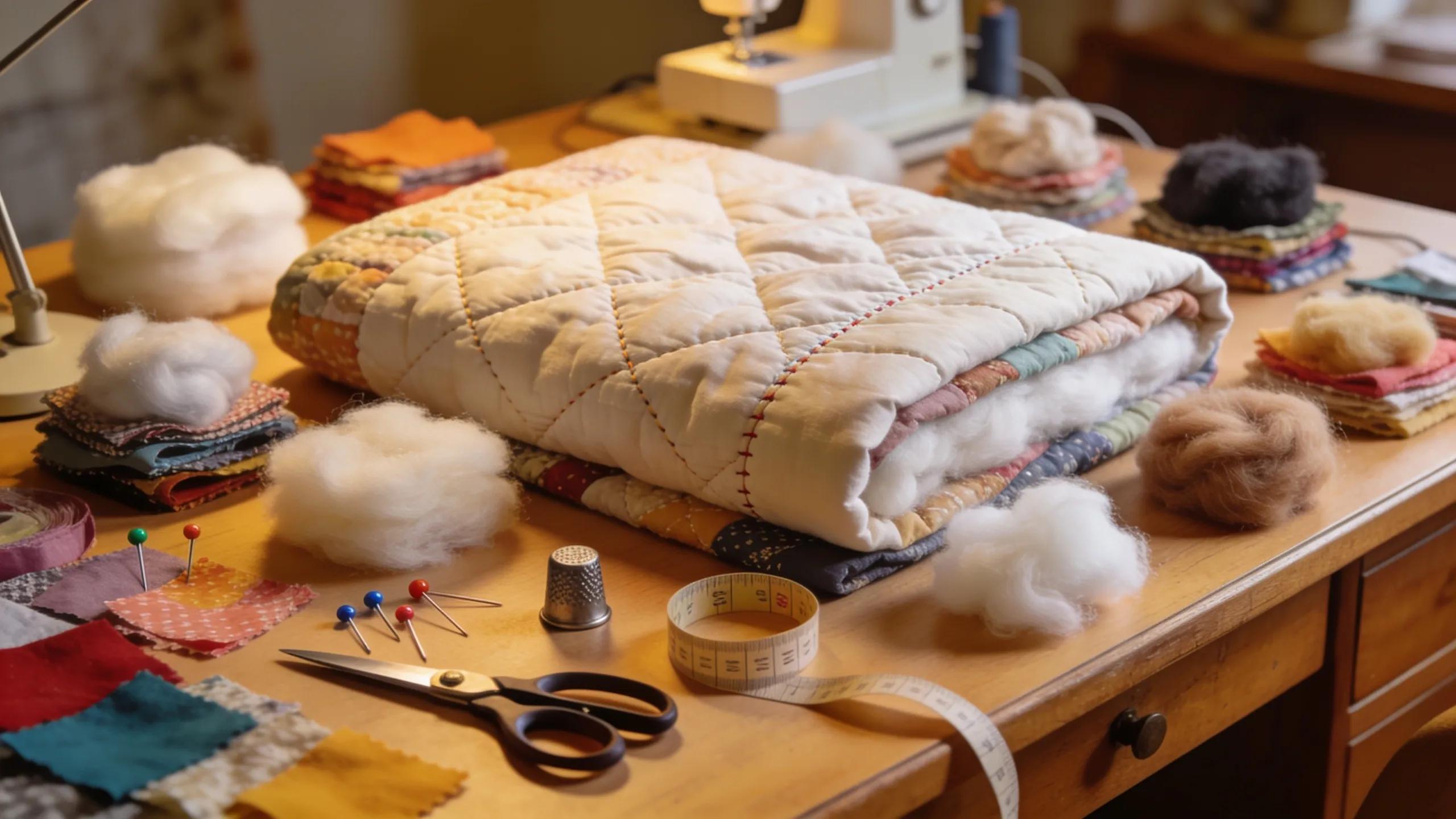 Cozy quilt with various types of quilting batting materials on a warm sewing table