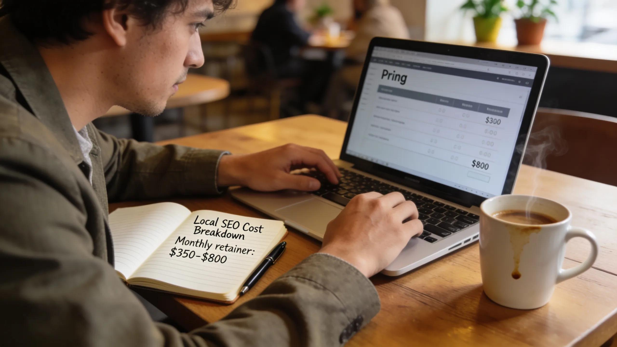 Business owner analyzing SEO costs on a laptop in a coffee shop, representing typical pricing