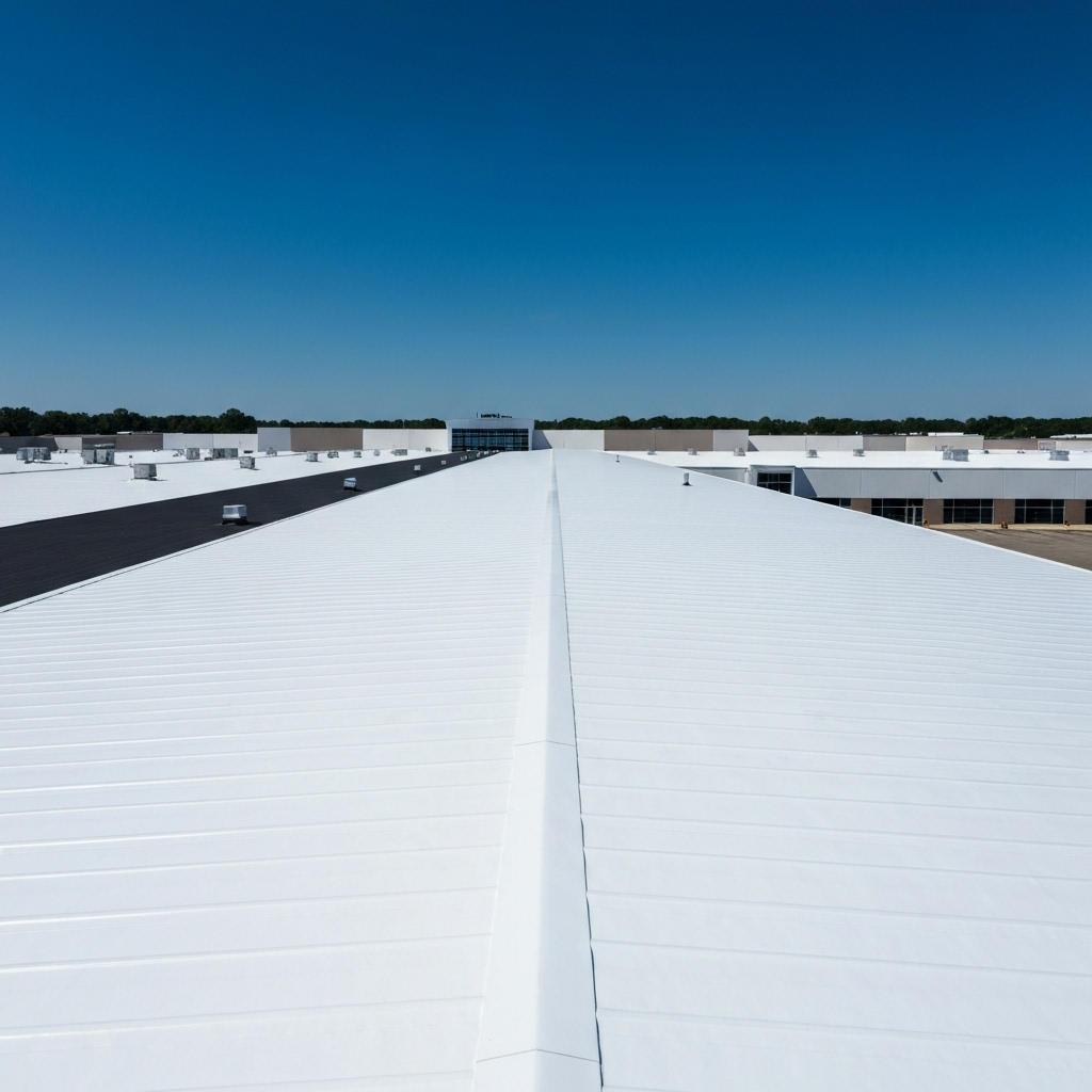 ### Key Elements **Main Subjects** - Rooftops of commercial buildings **Notable Features** - White, sloped