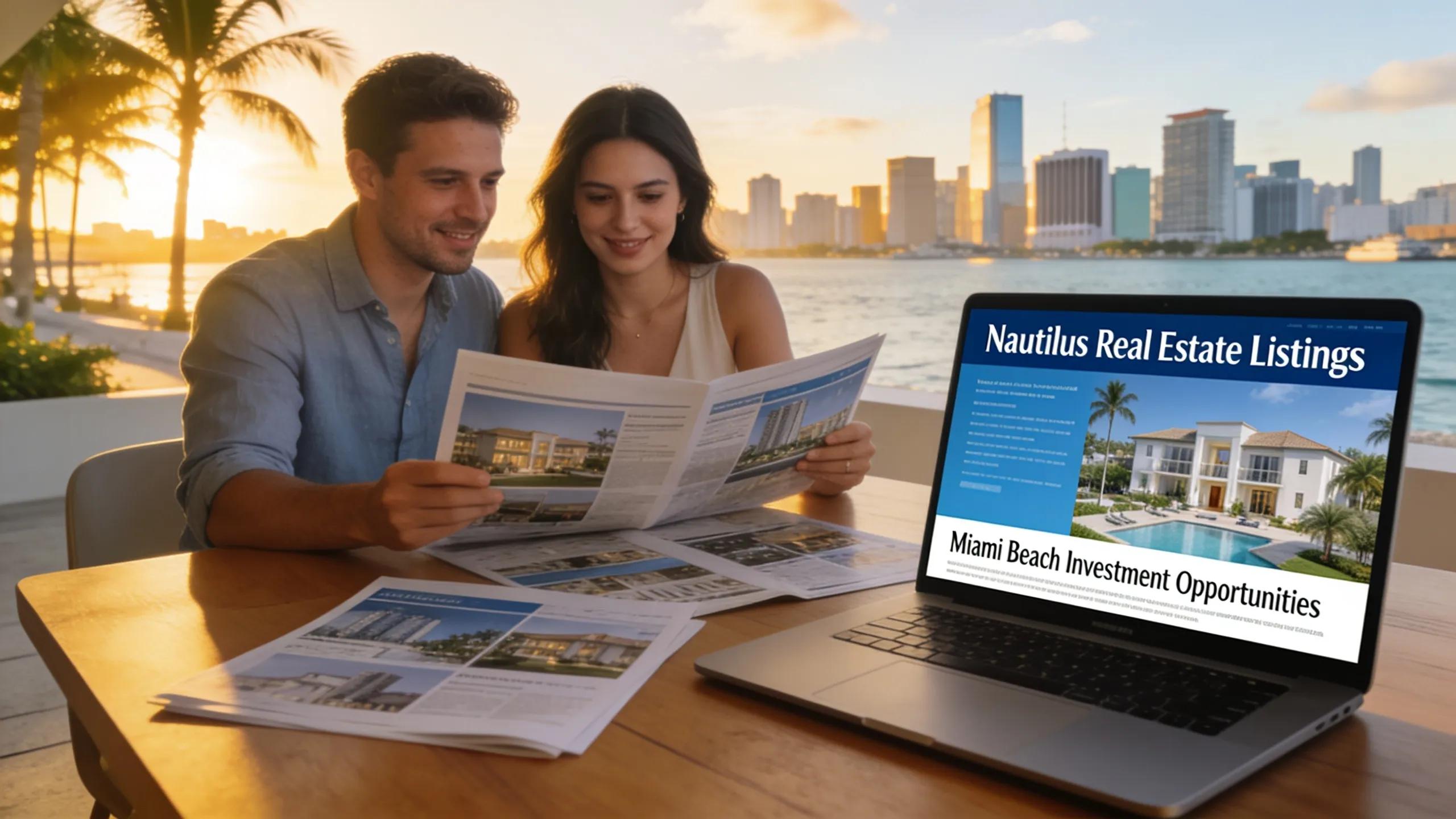 Couple reviewing property listings in Nautilus with Miami Beach skyline view highlighting real estate investment opportunities