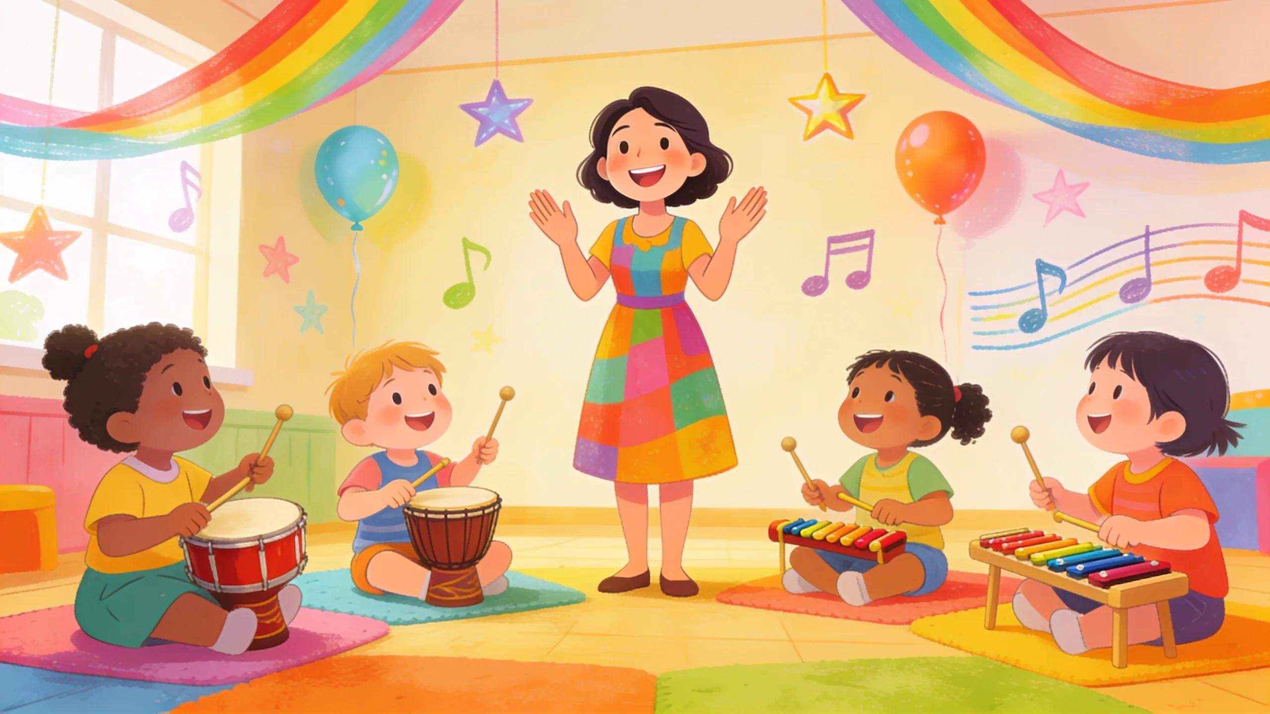 Preschool children actively participating in a music enrichment class with instruments