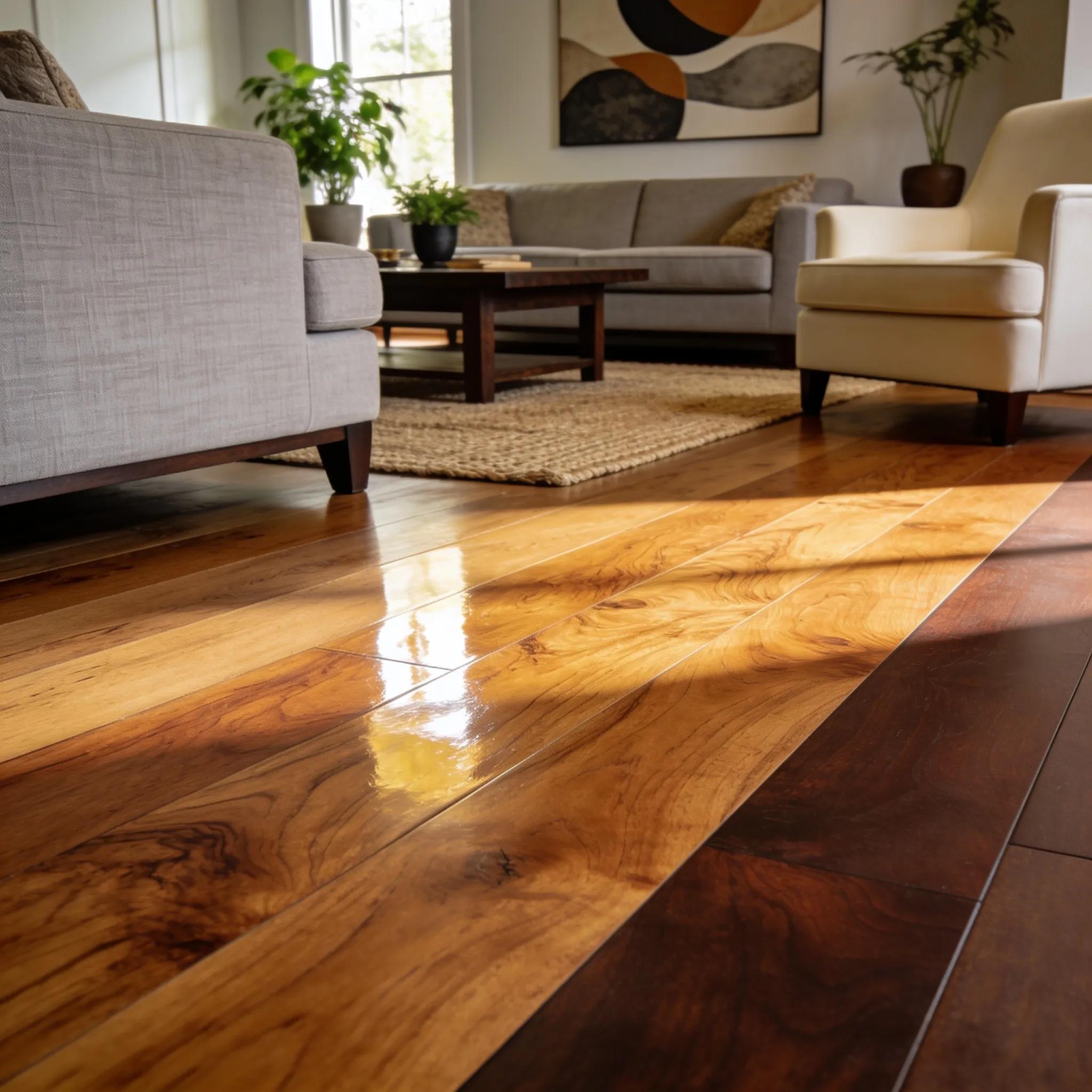 Living room wood floor showing different finish styles and textures