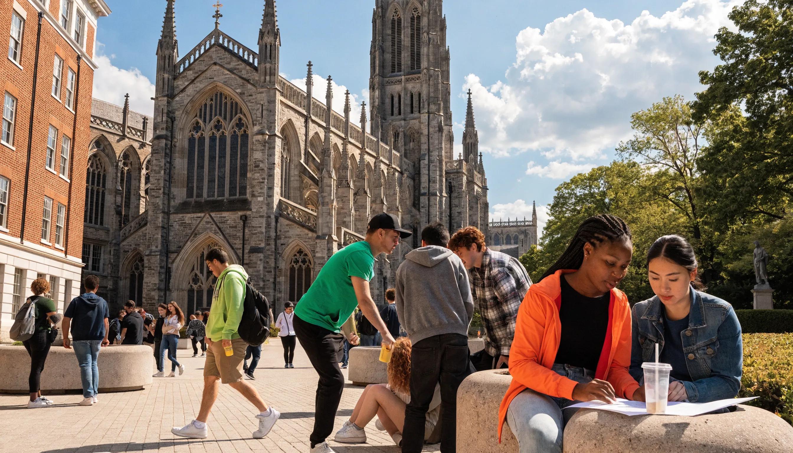 Duke University campus with students interacting, symbolizing academic life and community engagement
