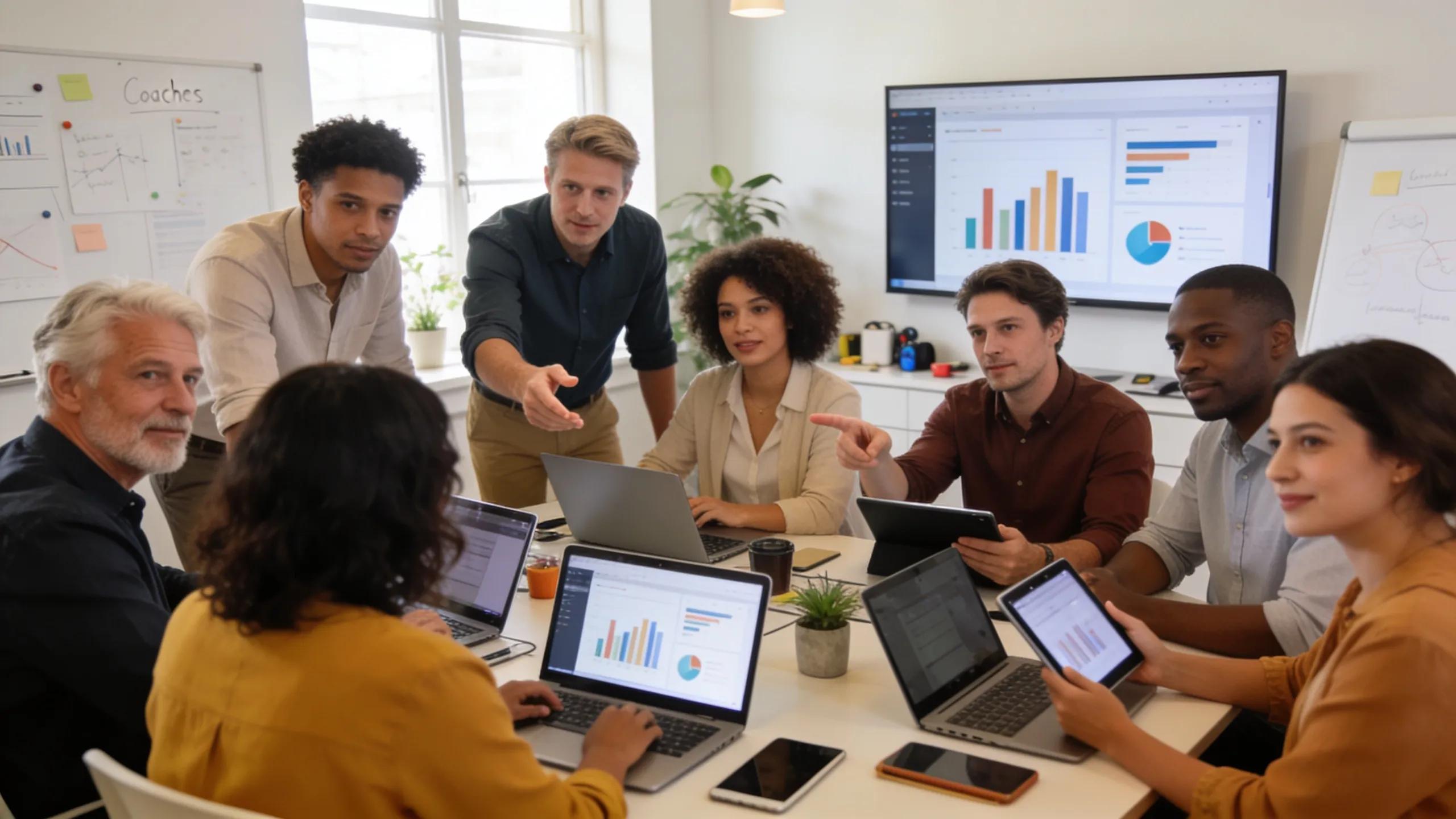 Group of diverse coaches collaborating on digital marketing strategies in a modern office setting