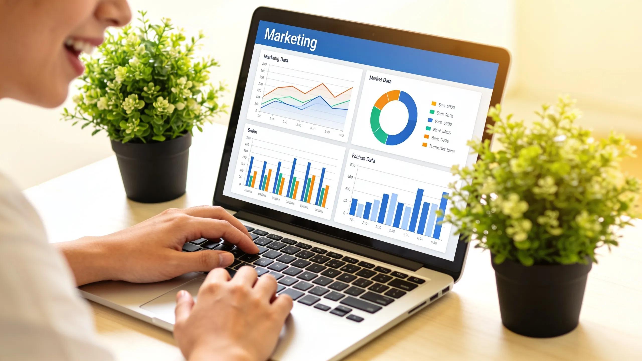 Individual analyzing marketing data on a laptop, showcasing the application of machine learning in advertising