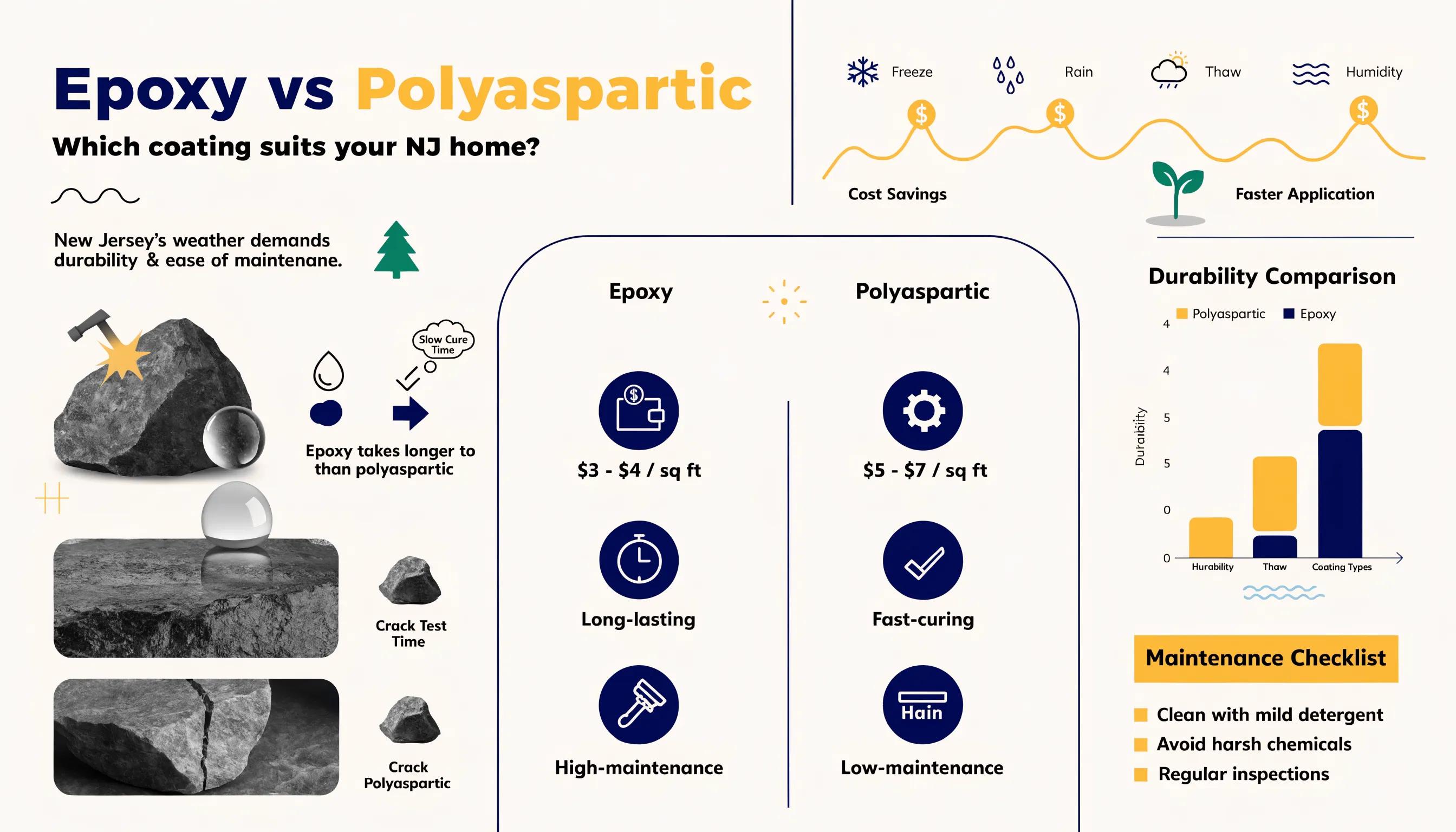 Visual representation of durability and maintenance differences between epoxy and polyaspartic garage floor coatings in New Jersey