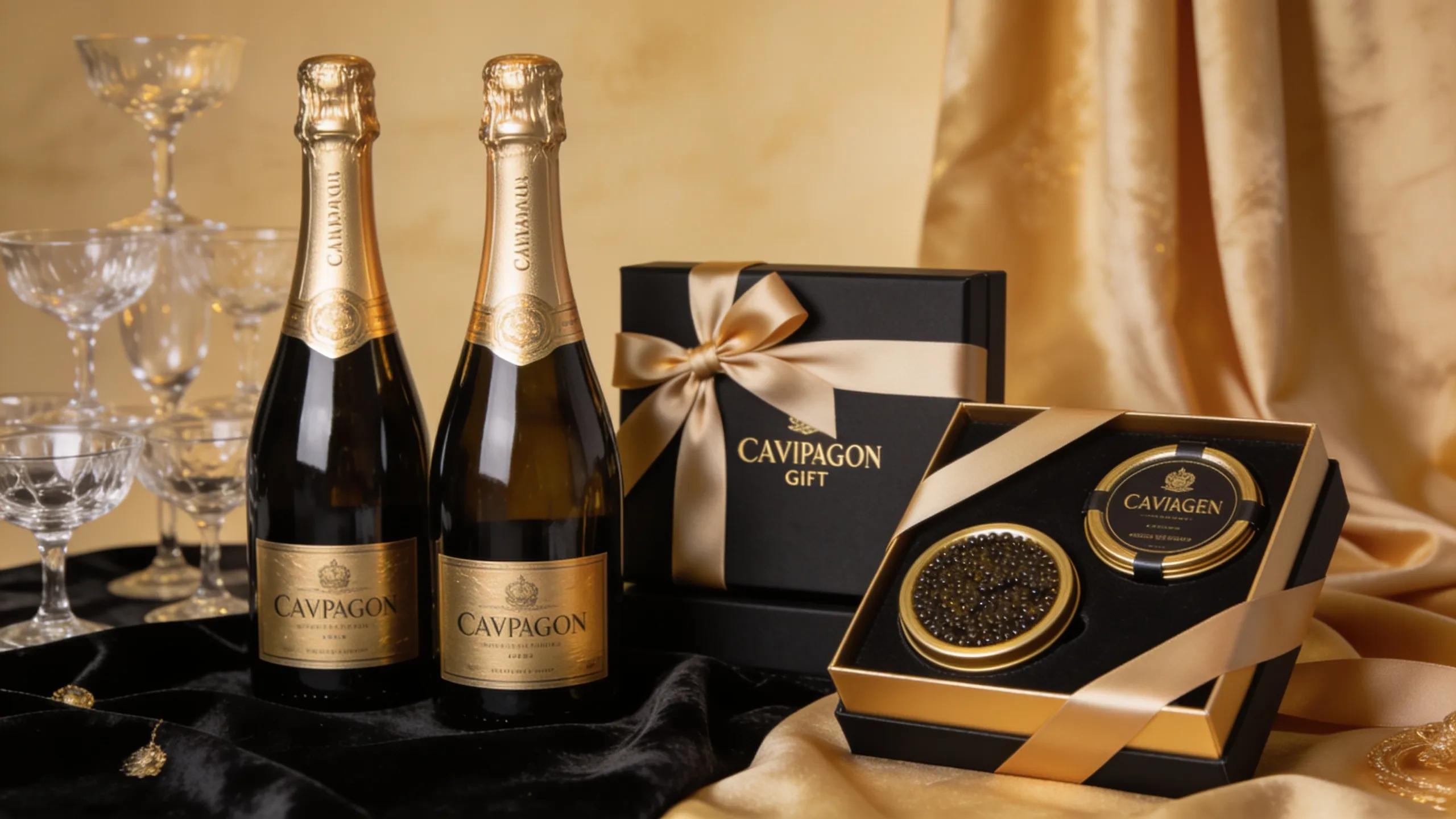 Luxury champagne bottles paired with gourmet caviar gift boxes, emphasizing premium gifting in the UK