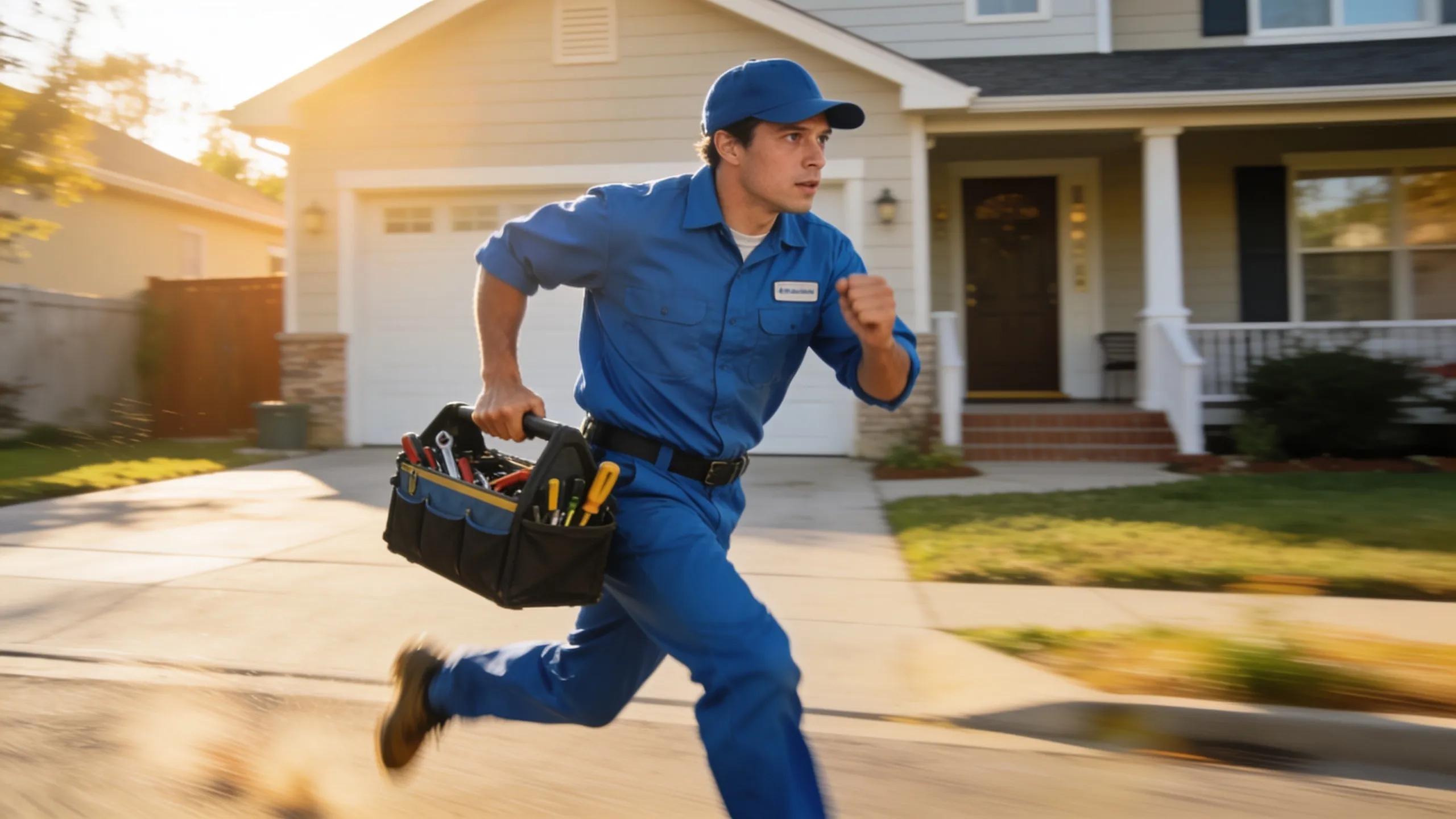 Technician rushing to home for emergency refrigerator repair service, highlighting fast response times