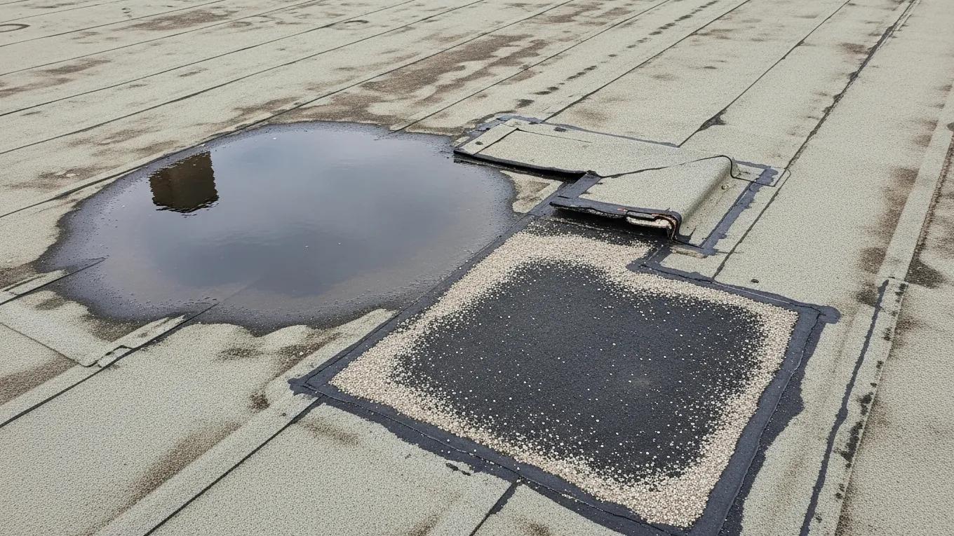 Ponding water on a flat condo roof before coating repair