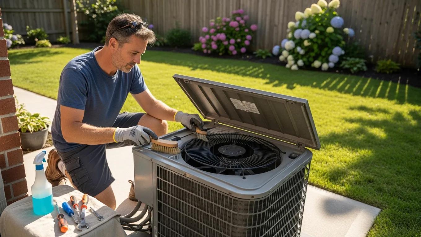 Homeowner performing routine maintenance on an outdoor air conditioning unit