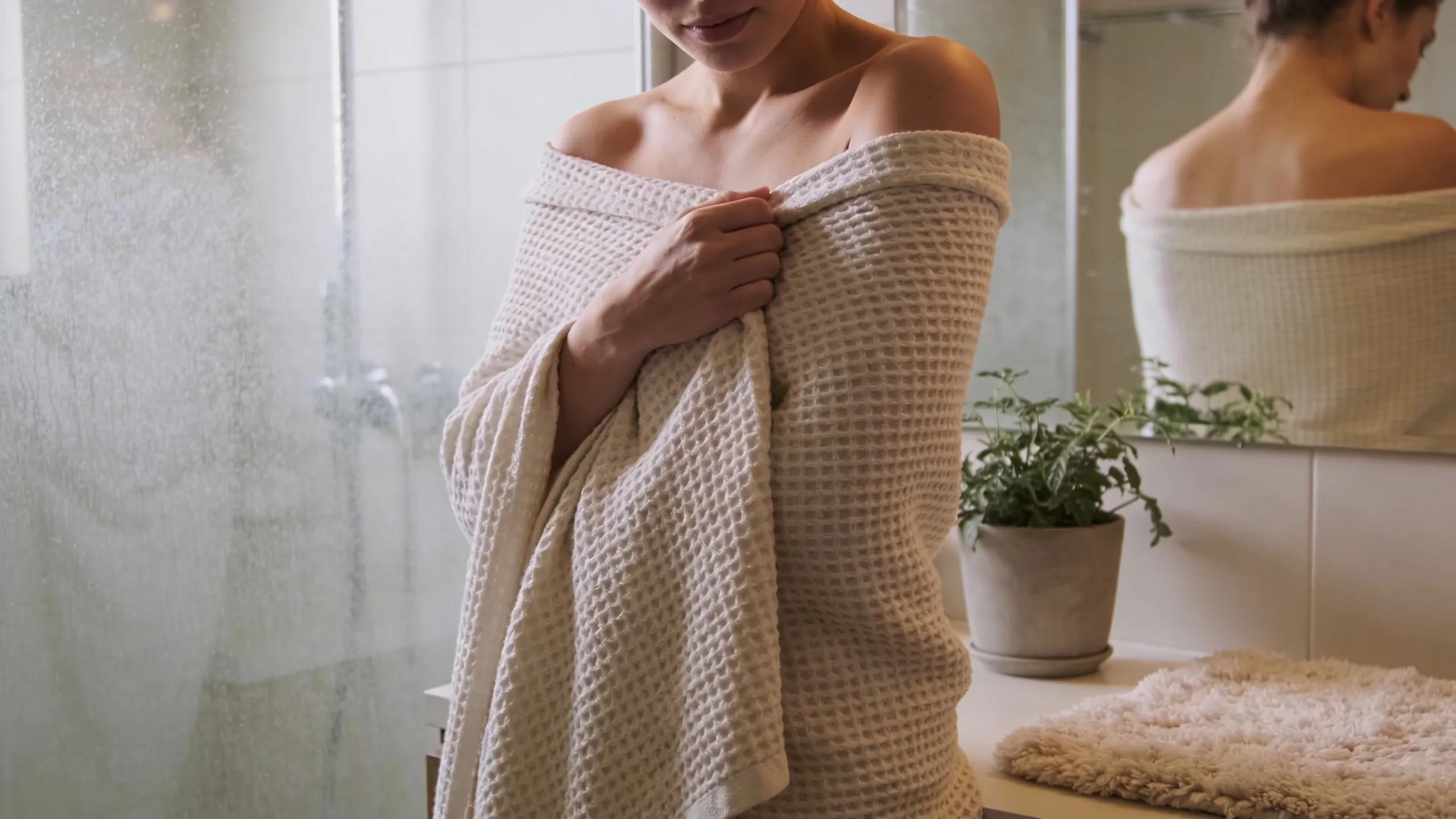 Person wrapped in a luxurious waffle towel, demonstrating comfort and sensory benefits of linen