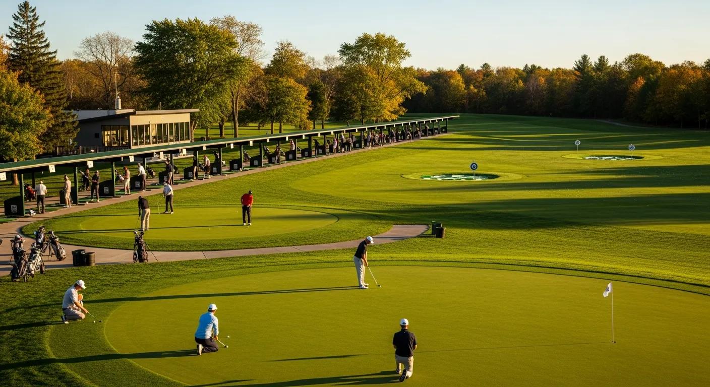 Driving range, putting greens, and chipping area at a Michigan practice facility Driving range, putting greens, and chipping area at a Michigan practice facility