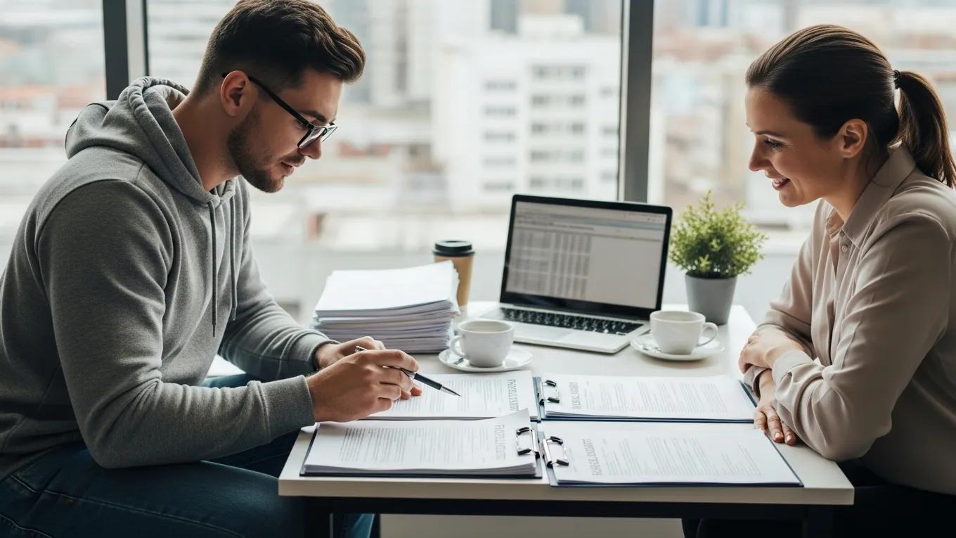 Gig worker reviewing rental agreements with a rental agent