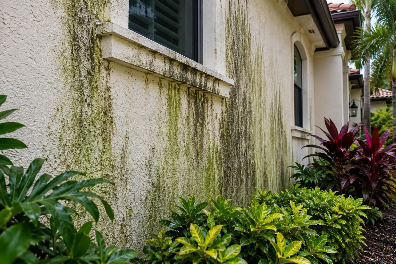 Green algae and mildew on a stucco wall after rainy season in West Palm Beach