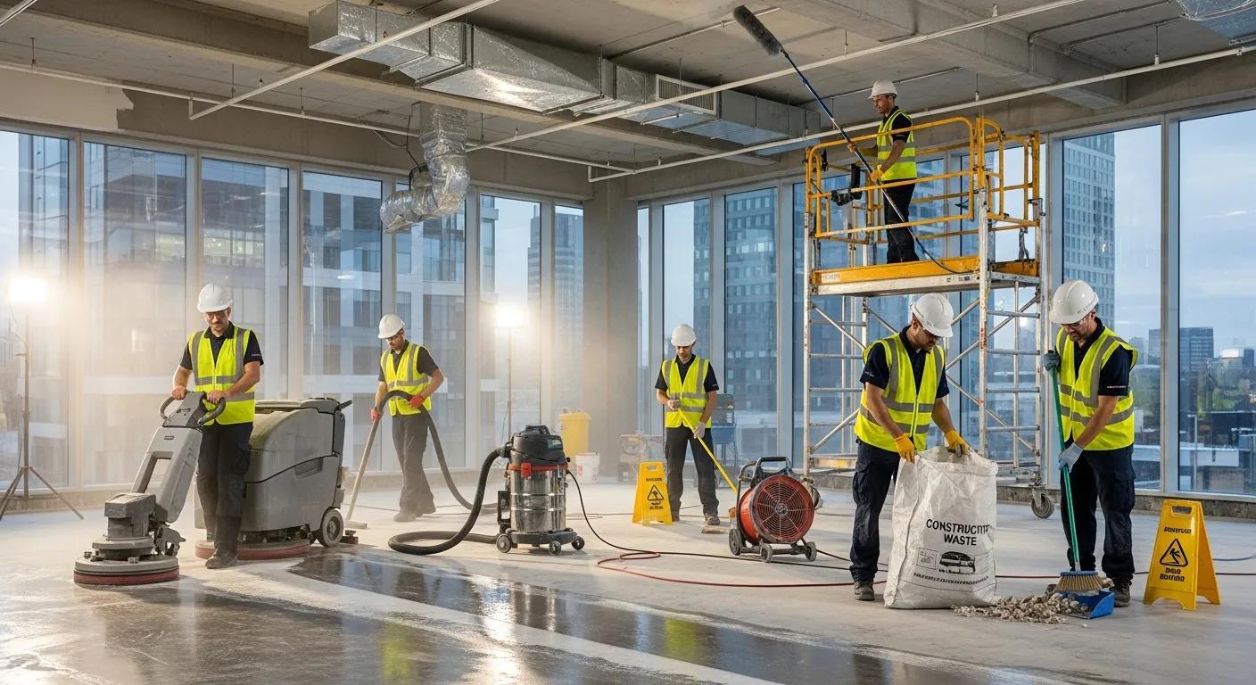 Commercial cleaning team using specialized equipment for large-scale construction cleanup at an office building