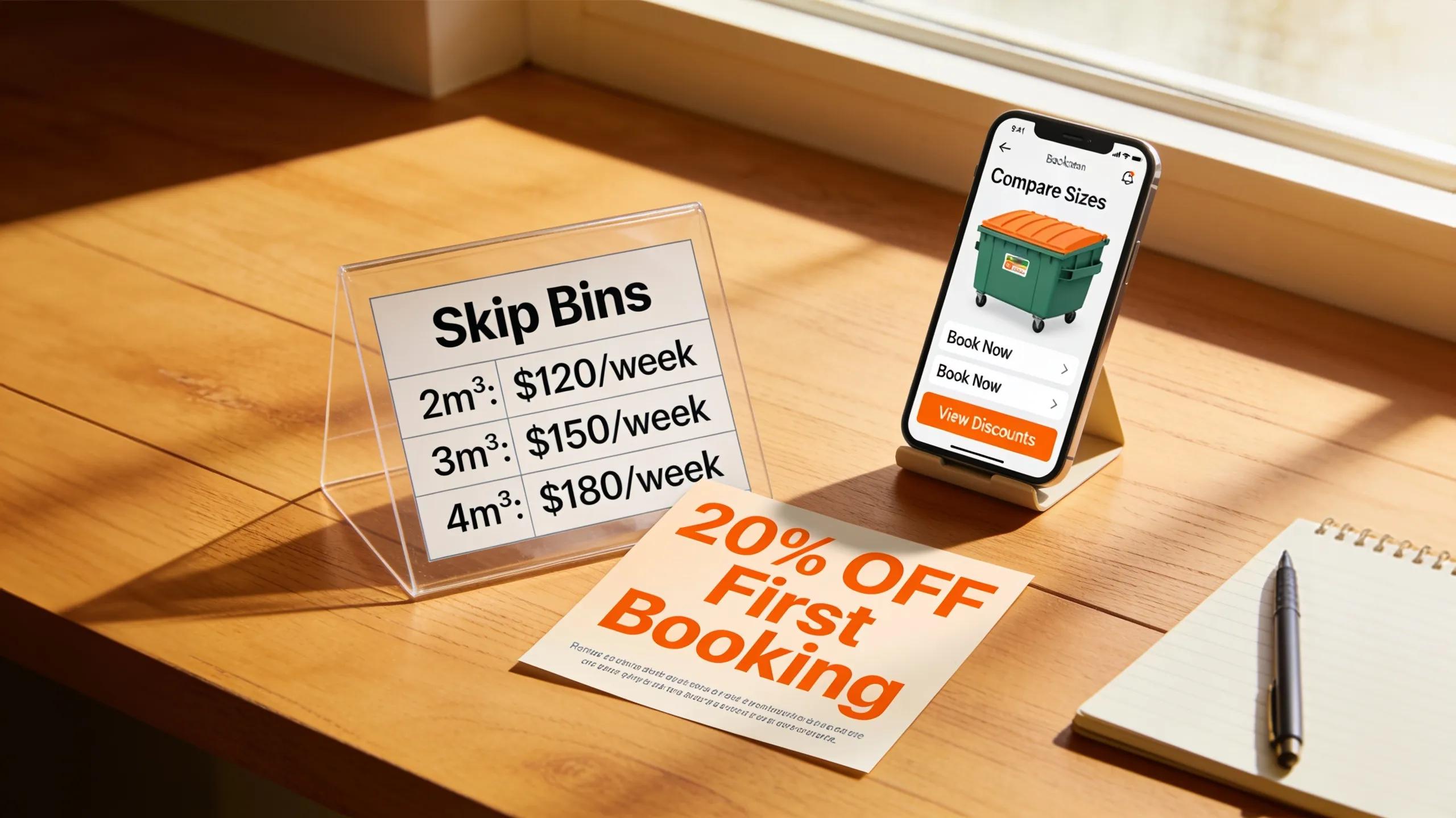 Rental price lists and discount flyers for skip bins on a tabletop, emphasizing budget-friendly options