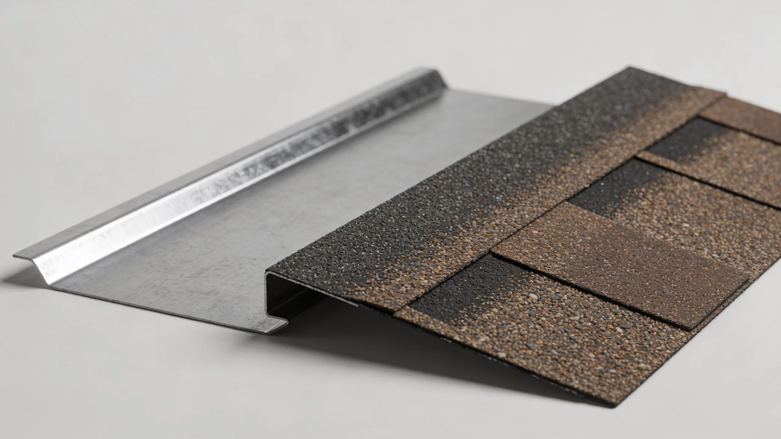 Close-up comparison of a metal shingle next to an asphalt shingle showing texture and appearance differences