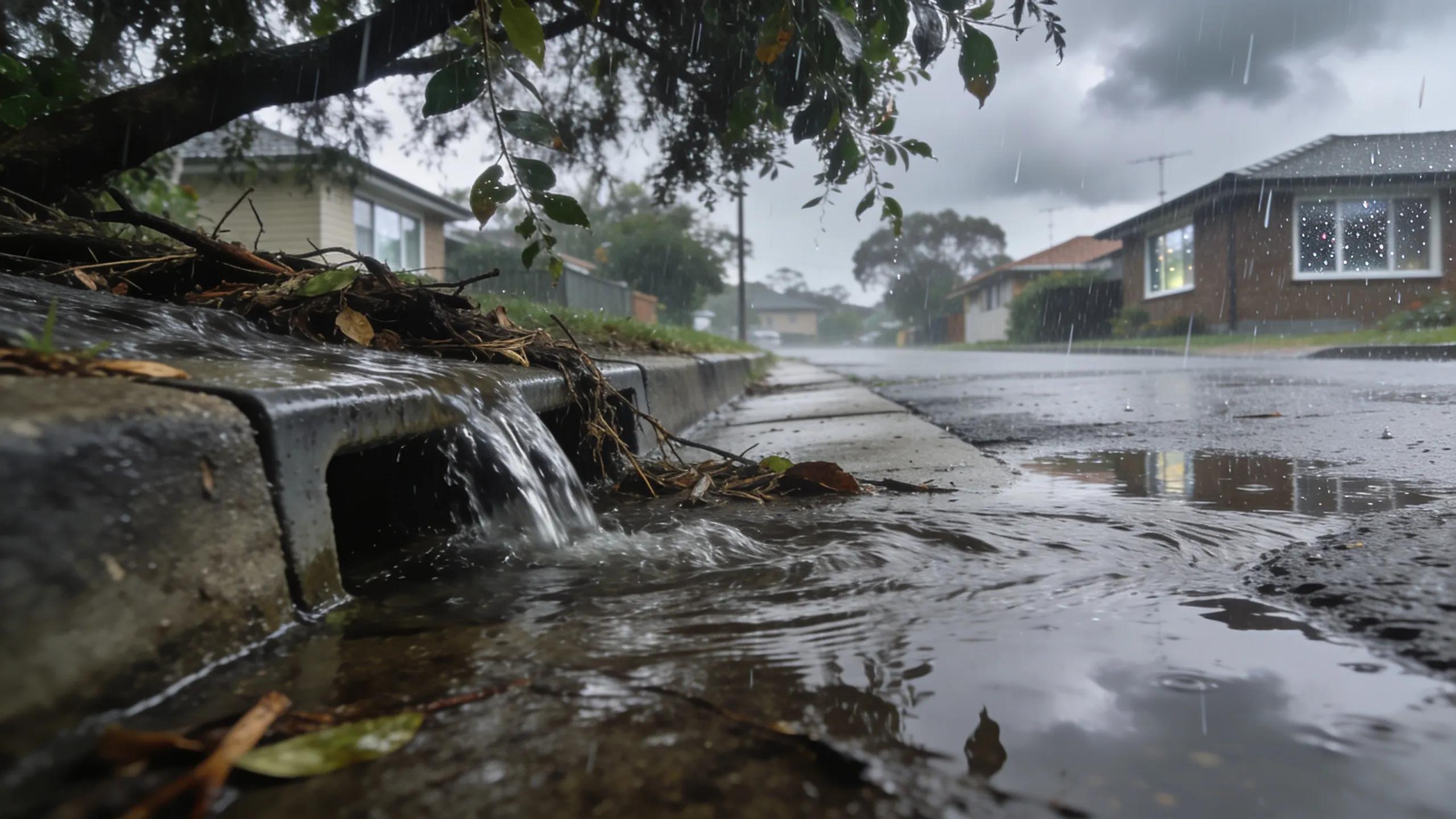 Stormwater runoff on Parramatta street, illustrating the impact on gutter cleaning requirements during rainfall