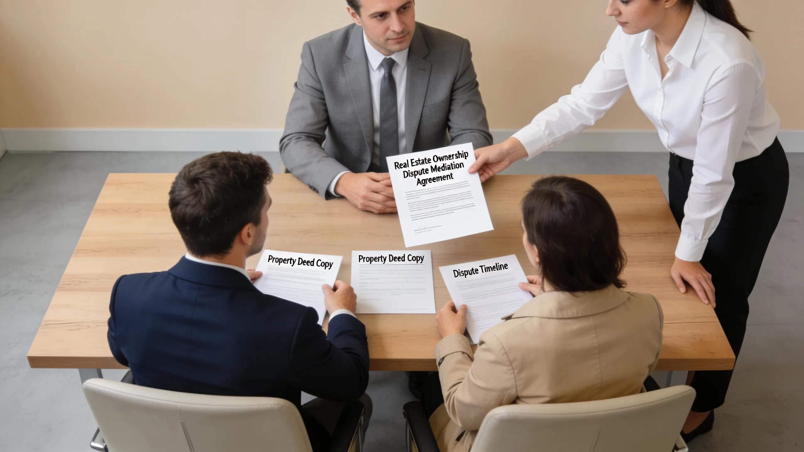 Participants in a mediation discussion about ownership disputes in a real estate context Participants in a mediation discussion about ownership disputes in a real estate context