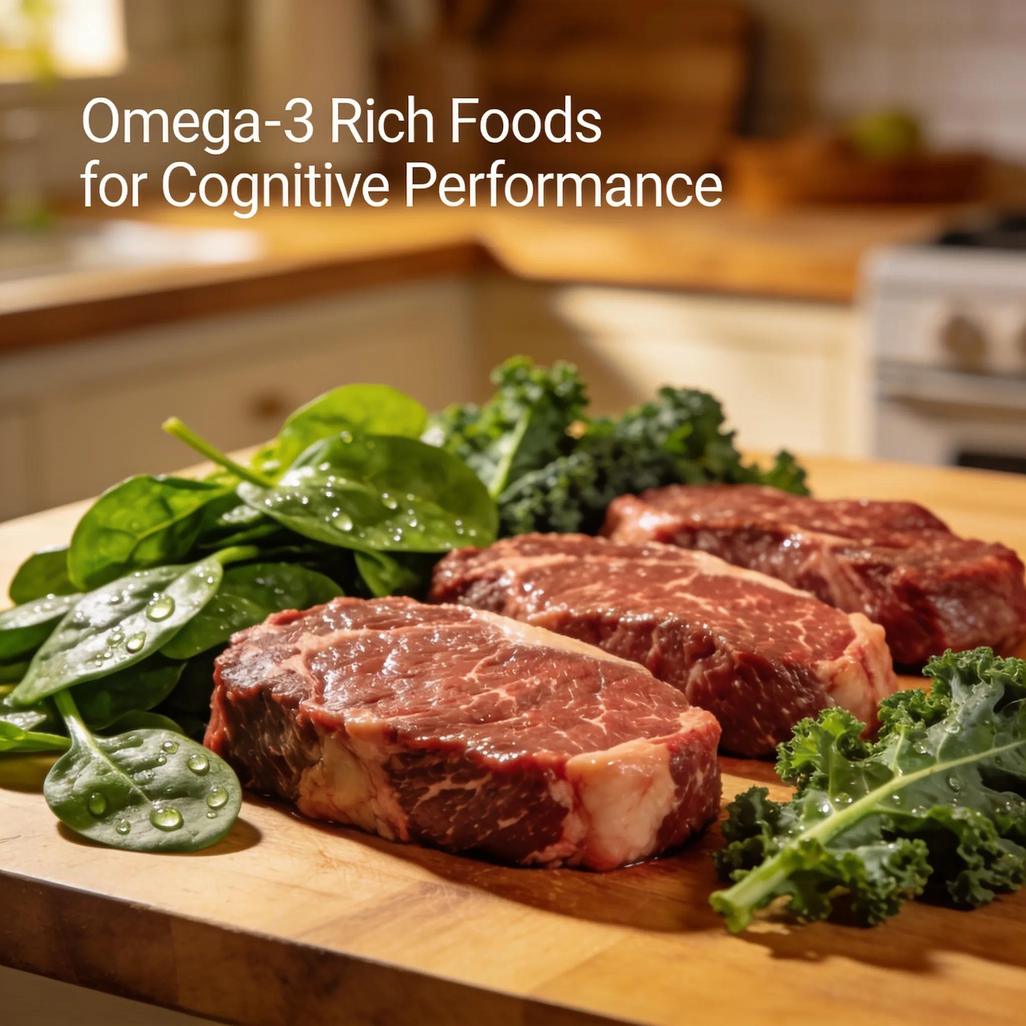 Fresh omega-3-rich foods including grass-fed beef and leafy greens promoting cognitive health