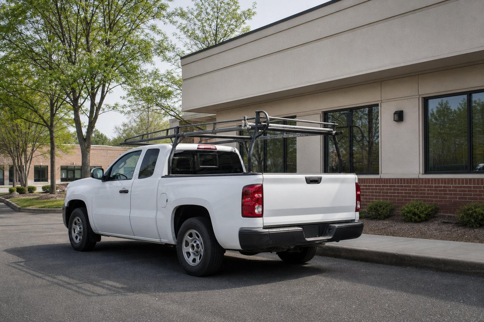 White contractor work truck with a ladder rack parked outside a Virginia business