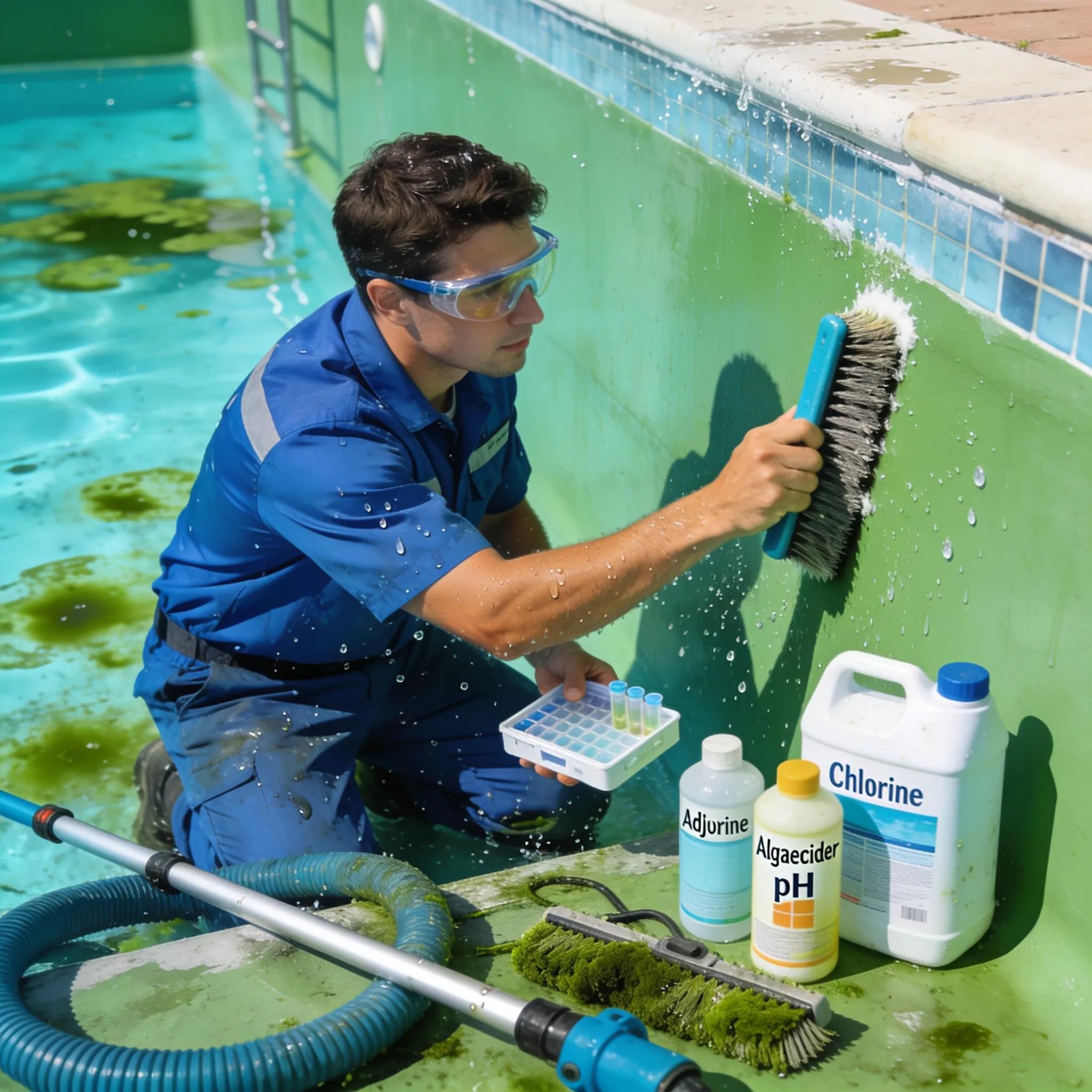 Pool technician cleaning green pool, demonstrating effective algae removal techniques and equipment