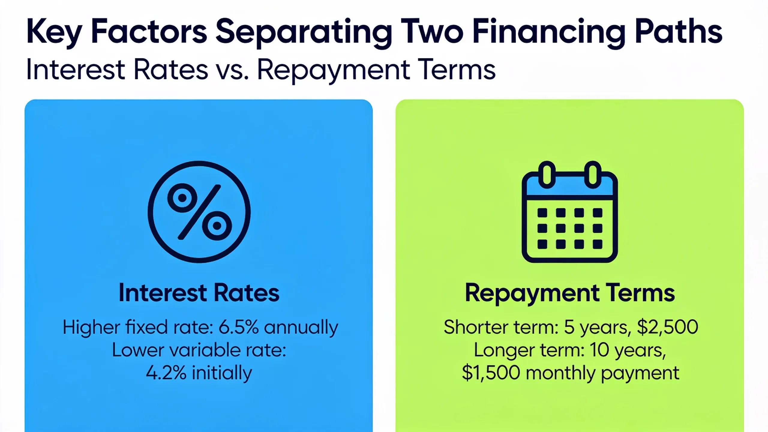 Interest rates and repayment terms separate these two financing paths more than any other factor