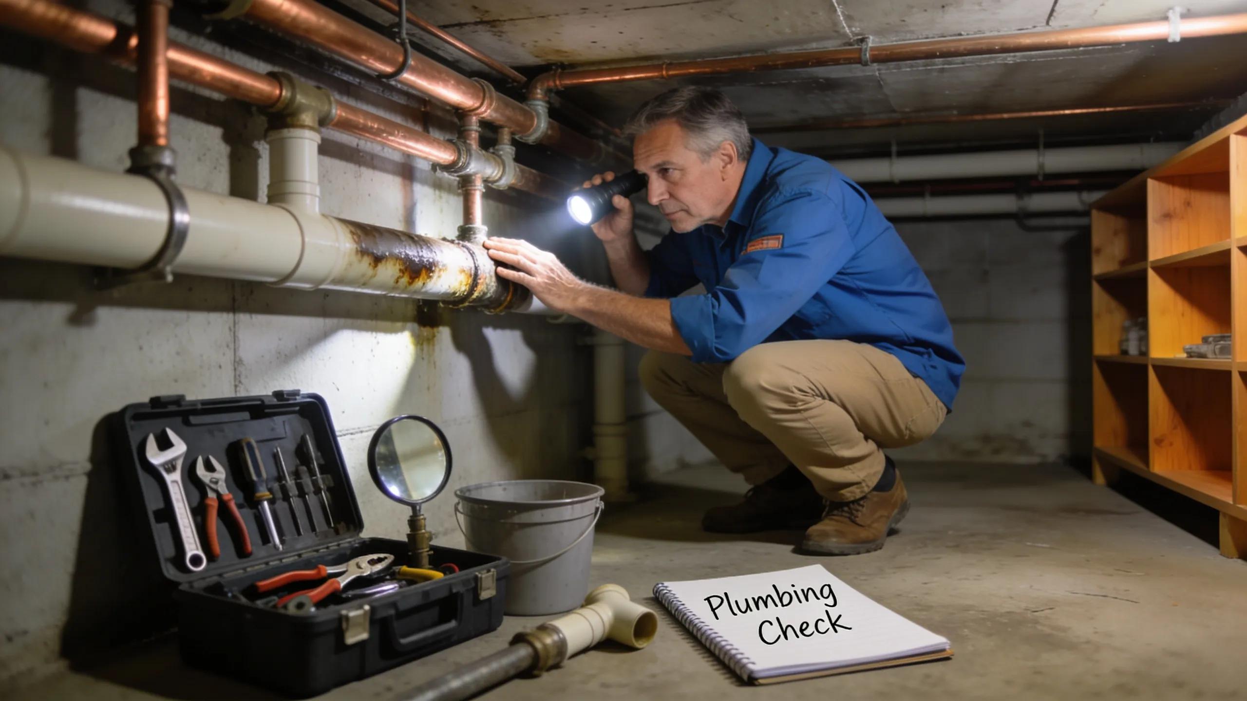 Homeowner inspecting plumbing pipes in basement to prevent water line leaks and plumbing emergencies