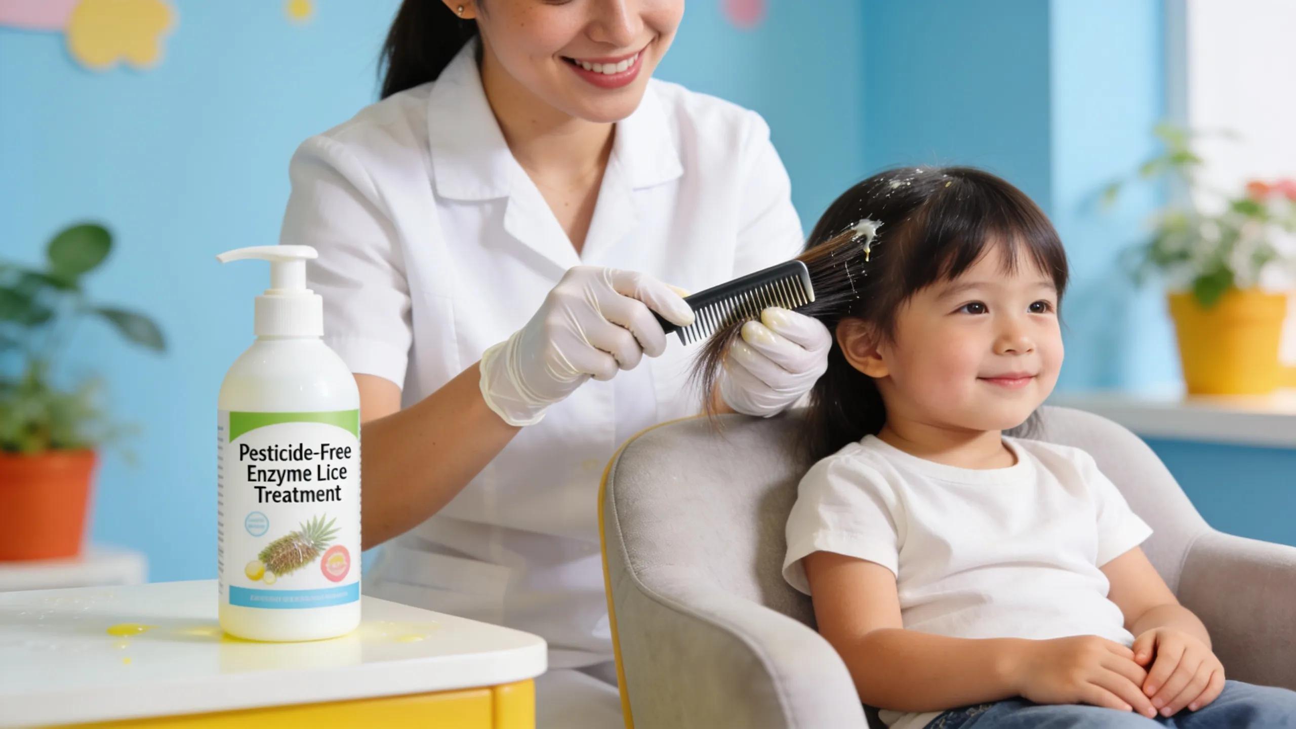 Professional using safe, pesticide-free lice treatment on child