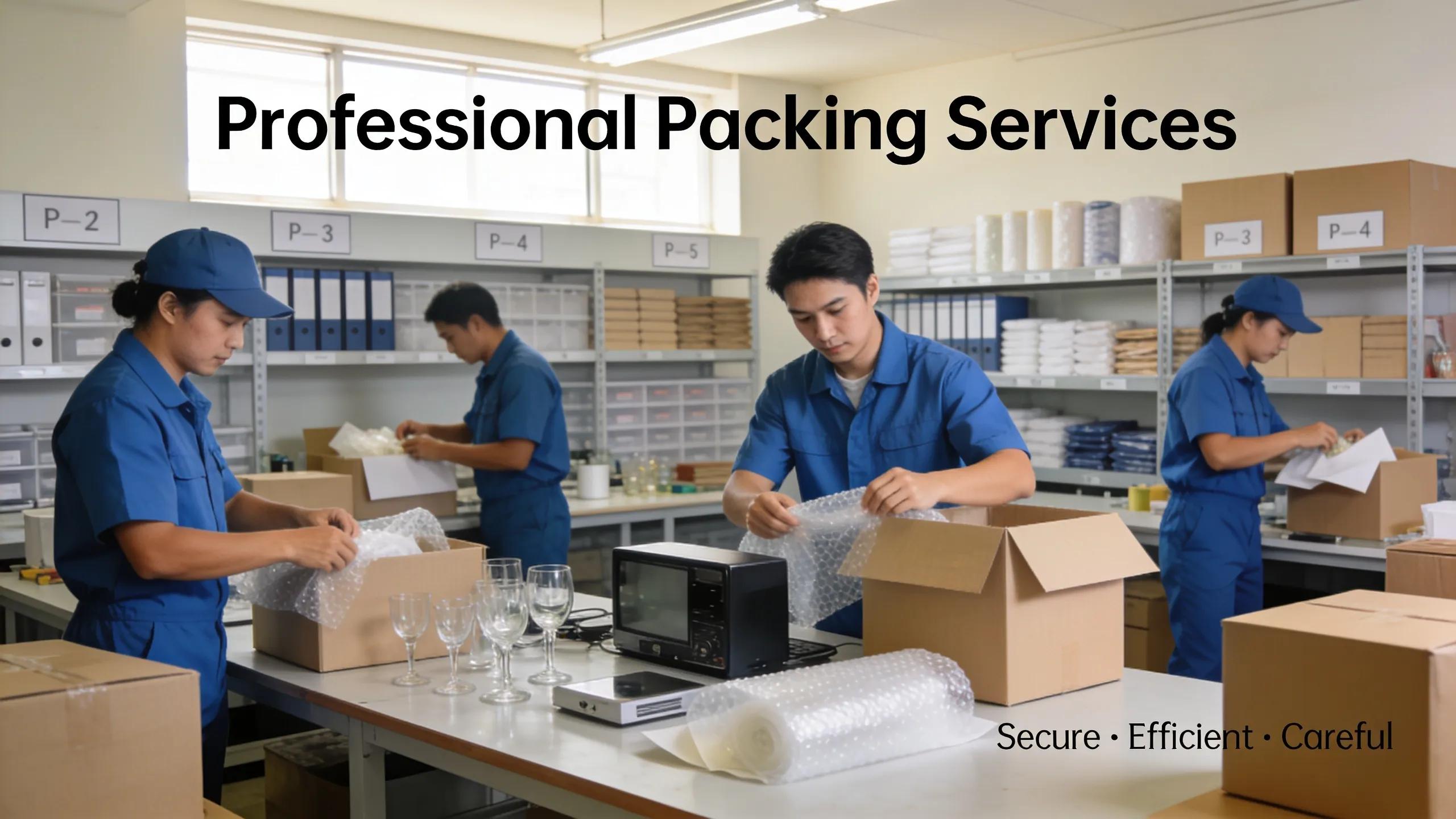 Professionals packing delicate items with high-quality materials, illustrating efficient packing services