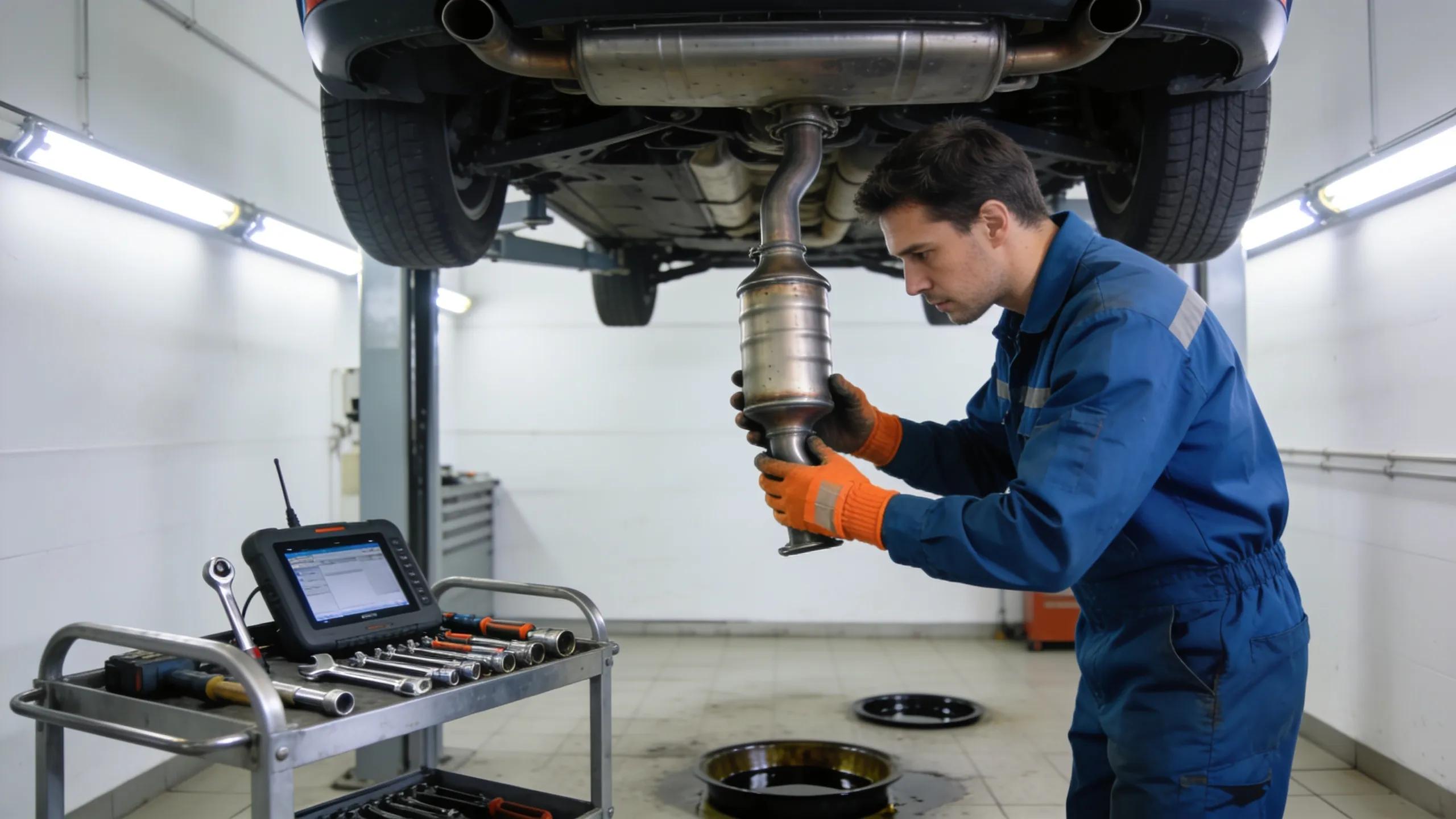 Mechanic inspecting a car's catalytic converter in a professional auto repair shop Mechanic inspecting a car's catalytic converter in a professional auto repair shop