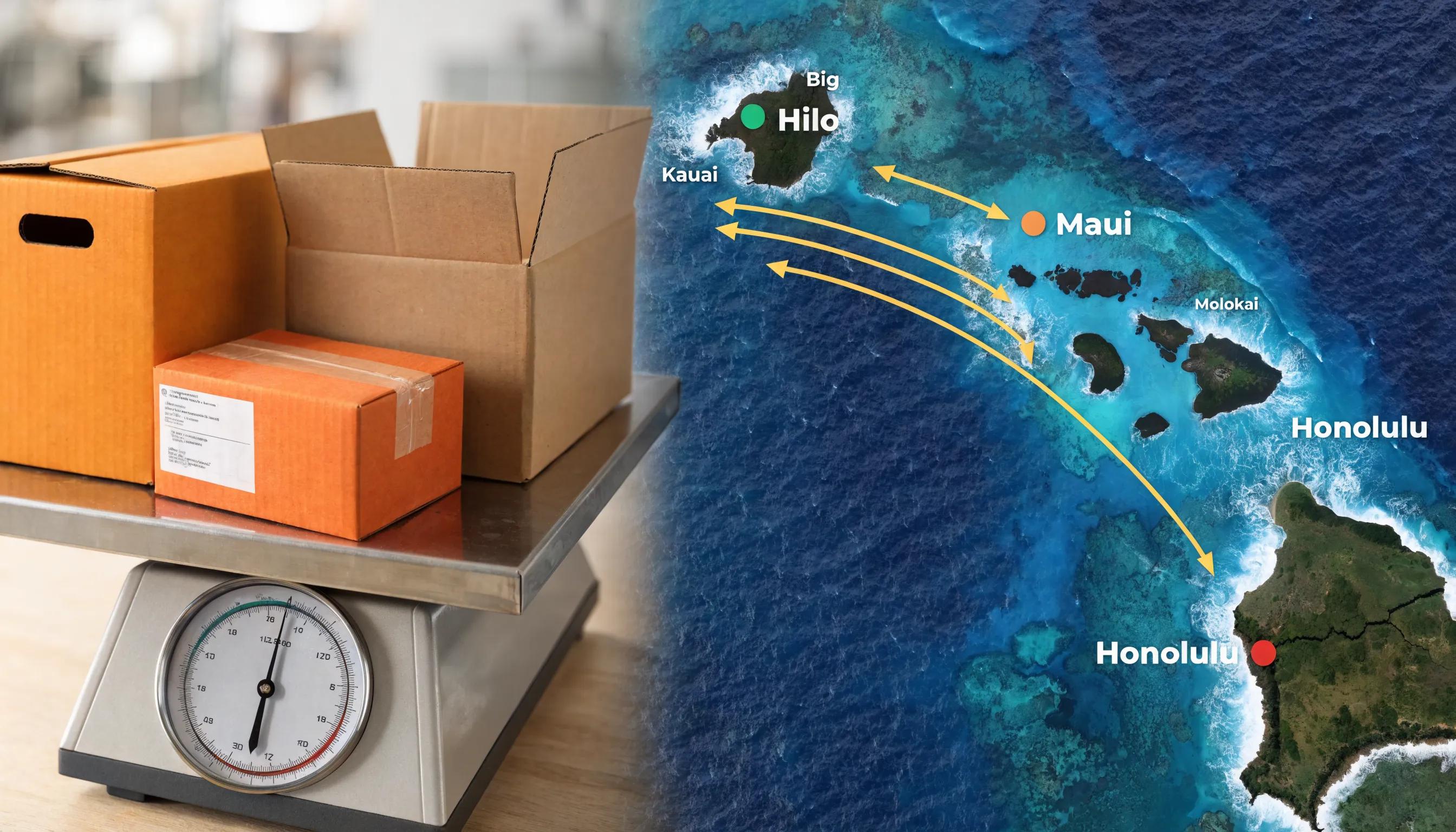 Scale measuring weight with a map representing shipping routes