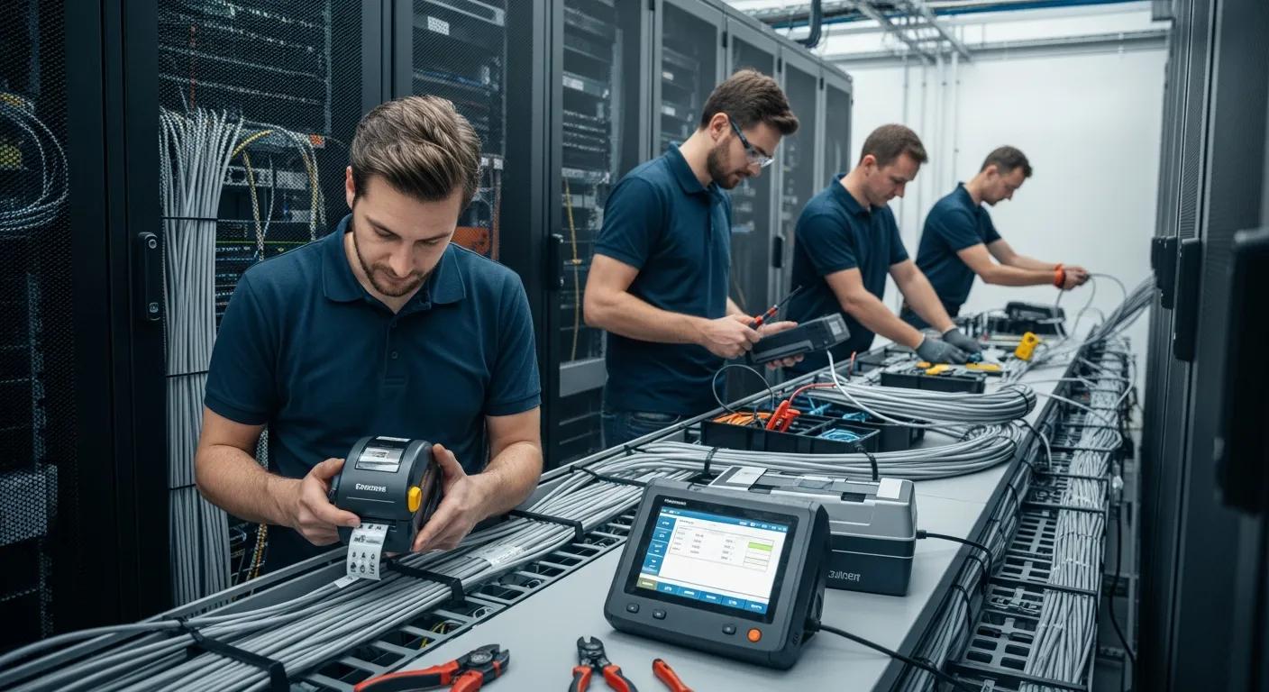 Technicians installing structured cabling, labeling, and testing with professional tools