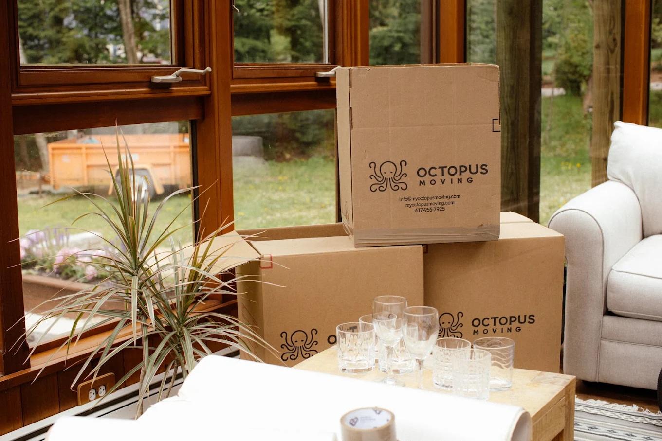 ### Key Elements **Main Subjects:** - Moving boxes labeled "OCTOPUS MOVING" **Objects:** - Glassware (glasses)