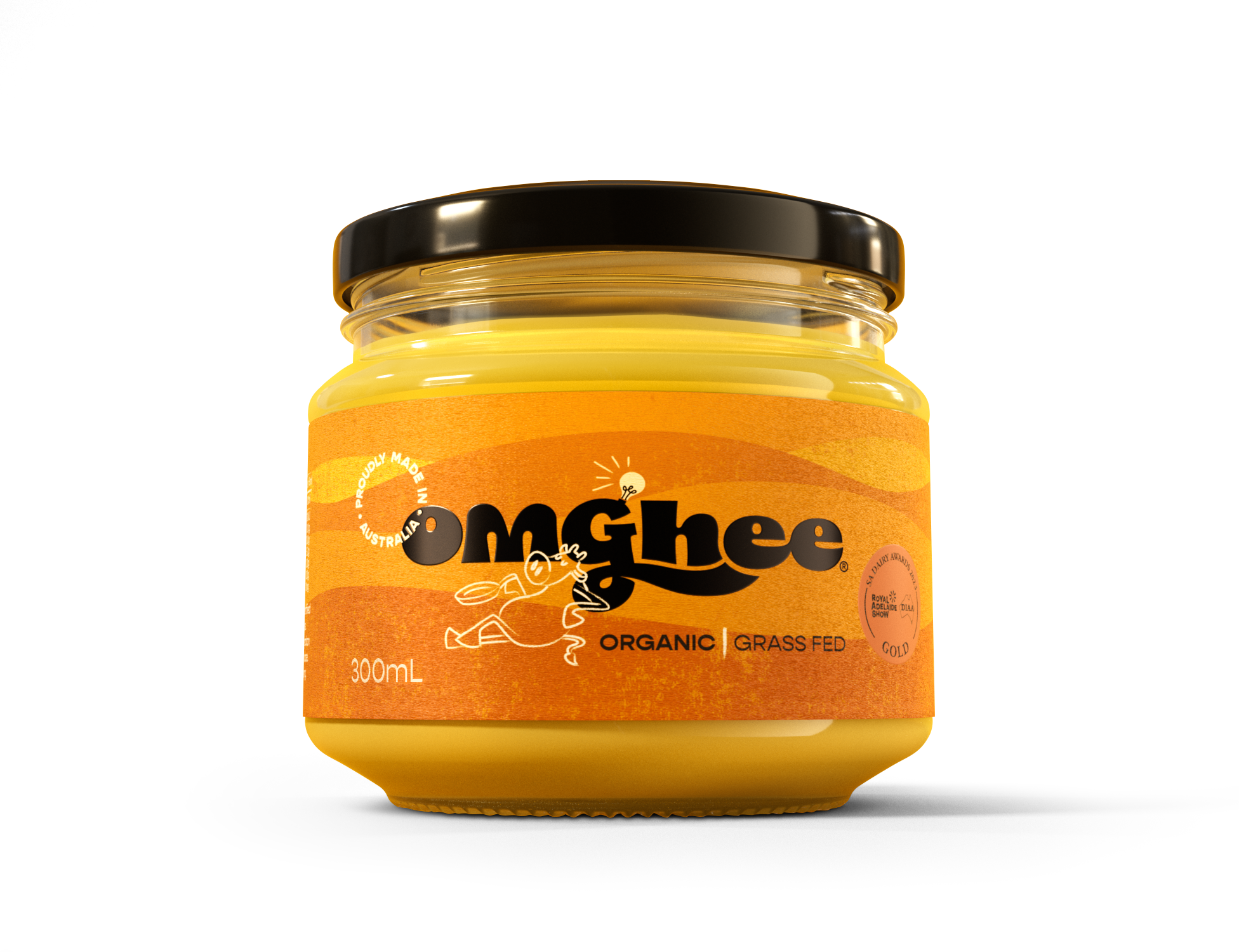 Organic grass-fed ghee in a clear jar with a yellow label