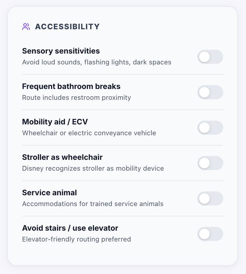 ParkSwiz prioritized accessibility. Here you can insert any special requirements including allergies, mobility issues, sensory issues, and more
