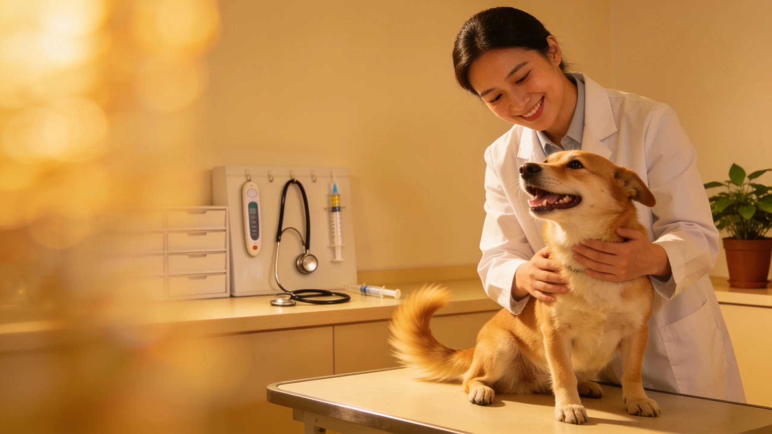 Veterinarian examining a happy dog in a clinic, highlighting preventive veterinary care