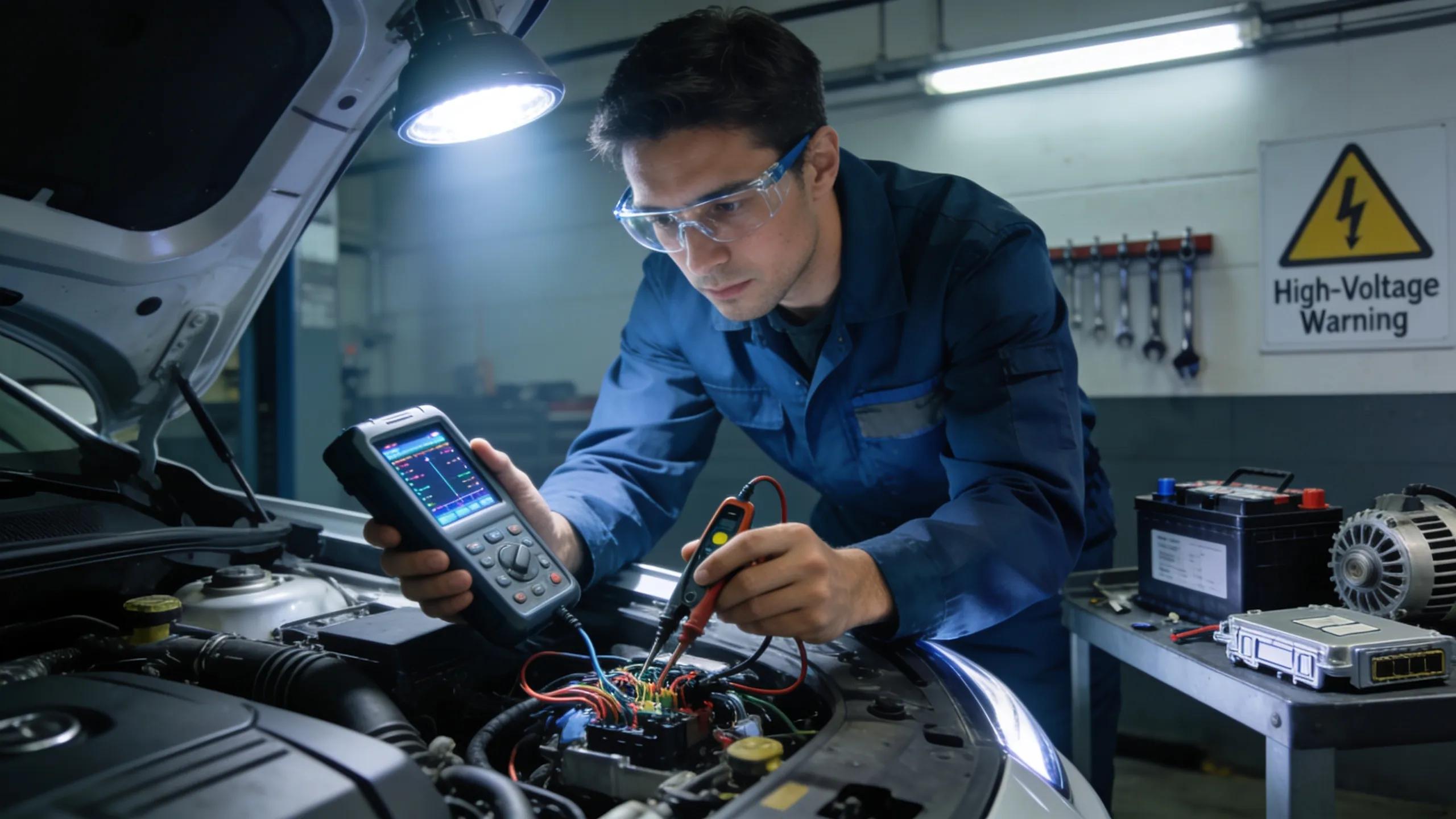 Auto electrician diagnosing vehicle electrical issues with specialized tools in a modern garage