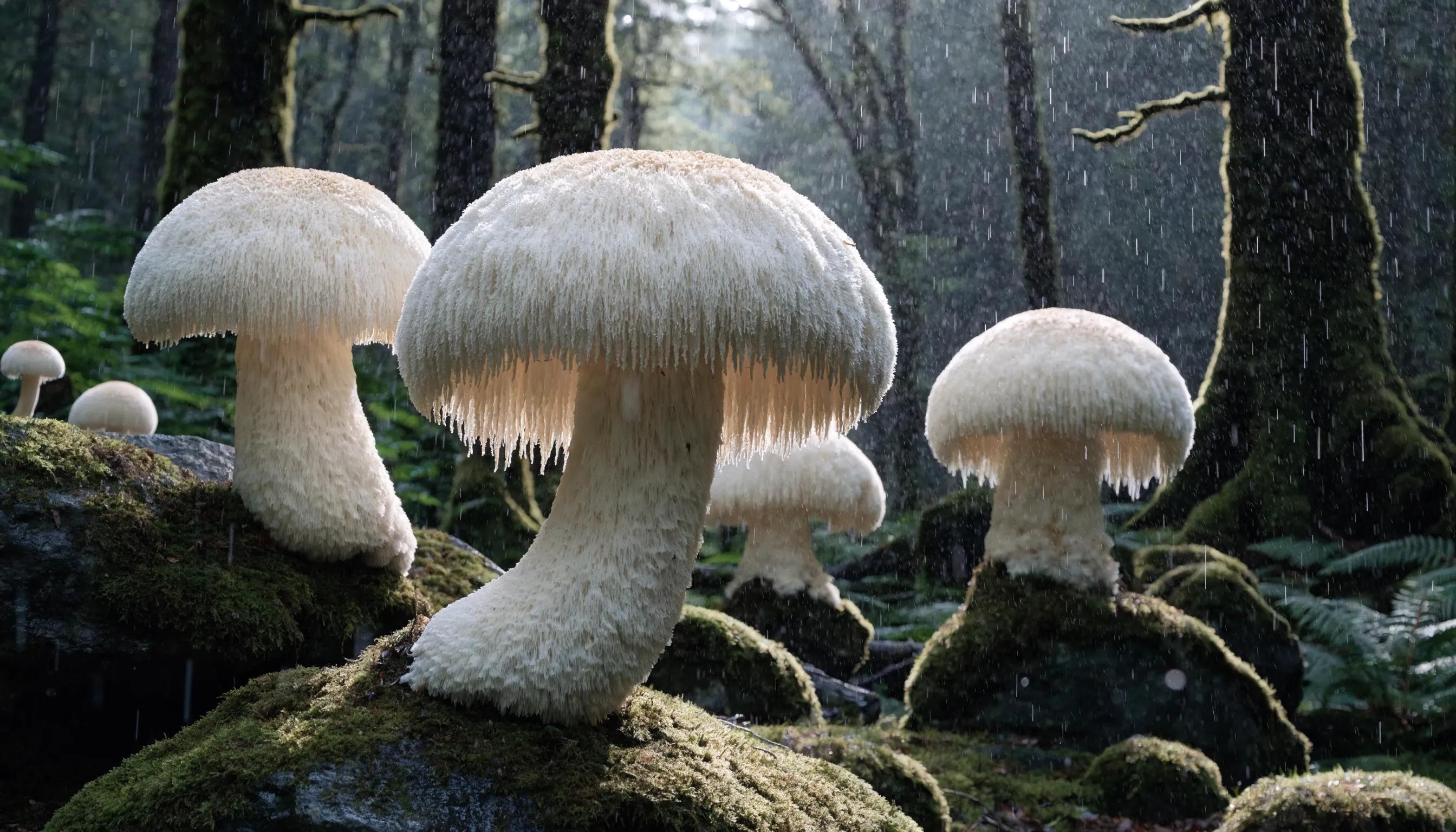 Lion's Mane mushrooms in a natural forest setting, representing natural cognitive enhancement benefits over synthetic alternatives