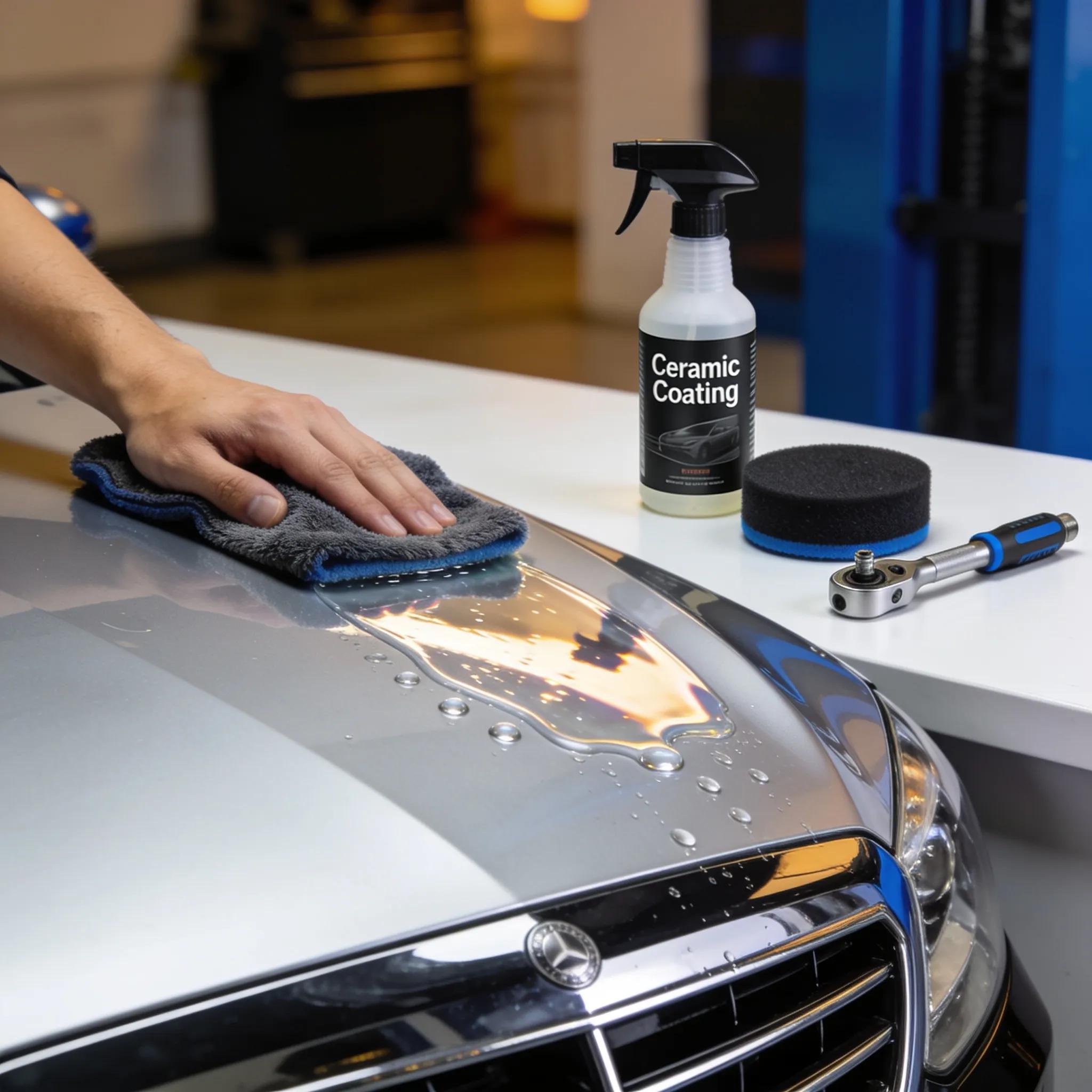 Ceramic coating application on a luxury car emphasizing durability and gloss