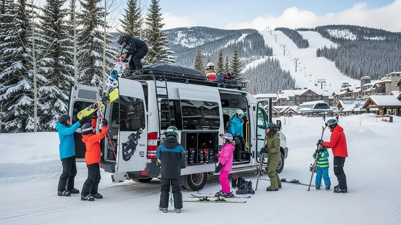 Families loading ski equipment onto a private shuttle at Sun Peaks resort Families loading ski equipment onto a private shuttle at Sun Peaks resort