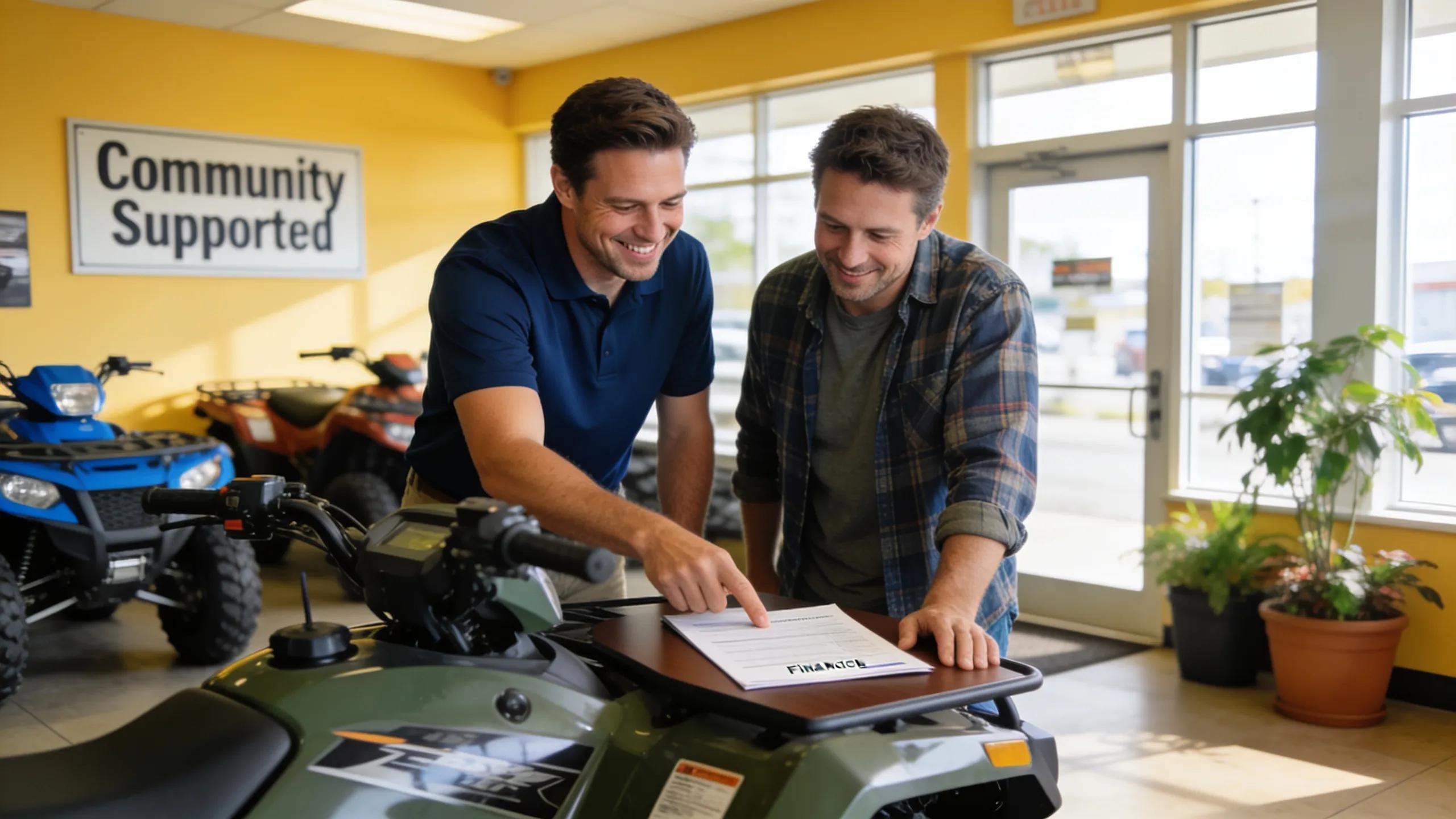 Local dealership representative assisting a customer with ATV financing in Los Angeles
