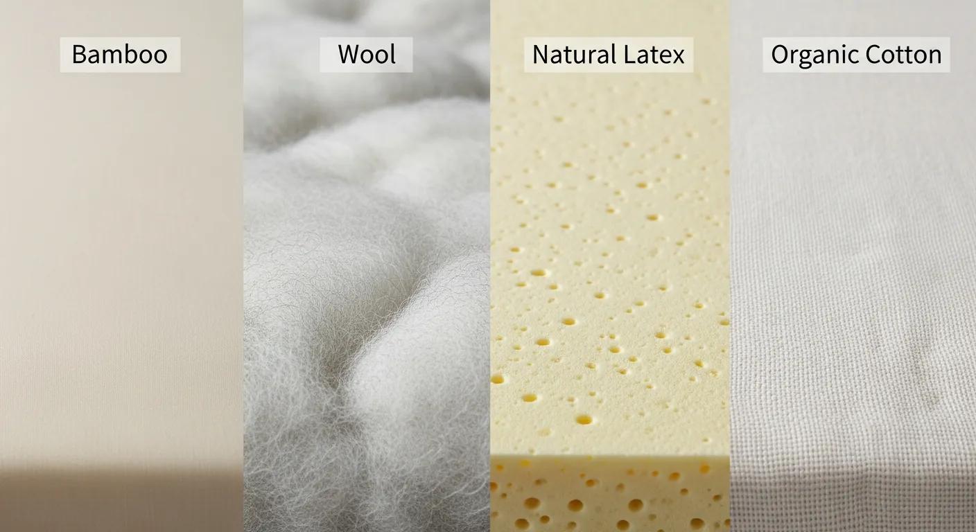 Side‑by‑side comparison of bamboo, wool, natural latex and organic cotton toppers, showing different textures and uses