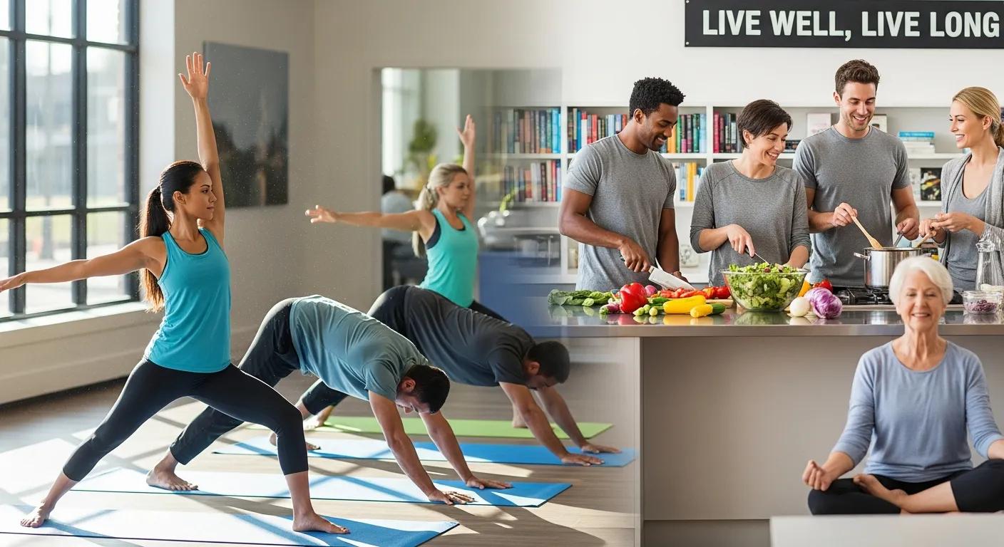 A diverse group of individuals engaging in wellness activities like yoga and healthy cooking, promoting long-term vitality