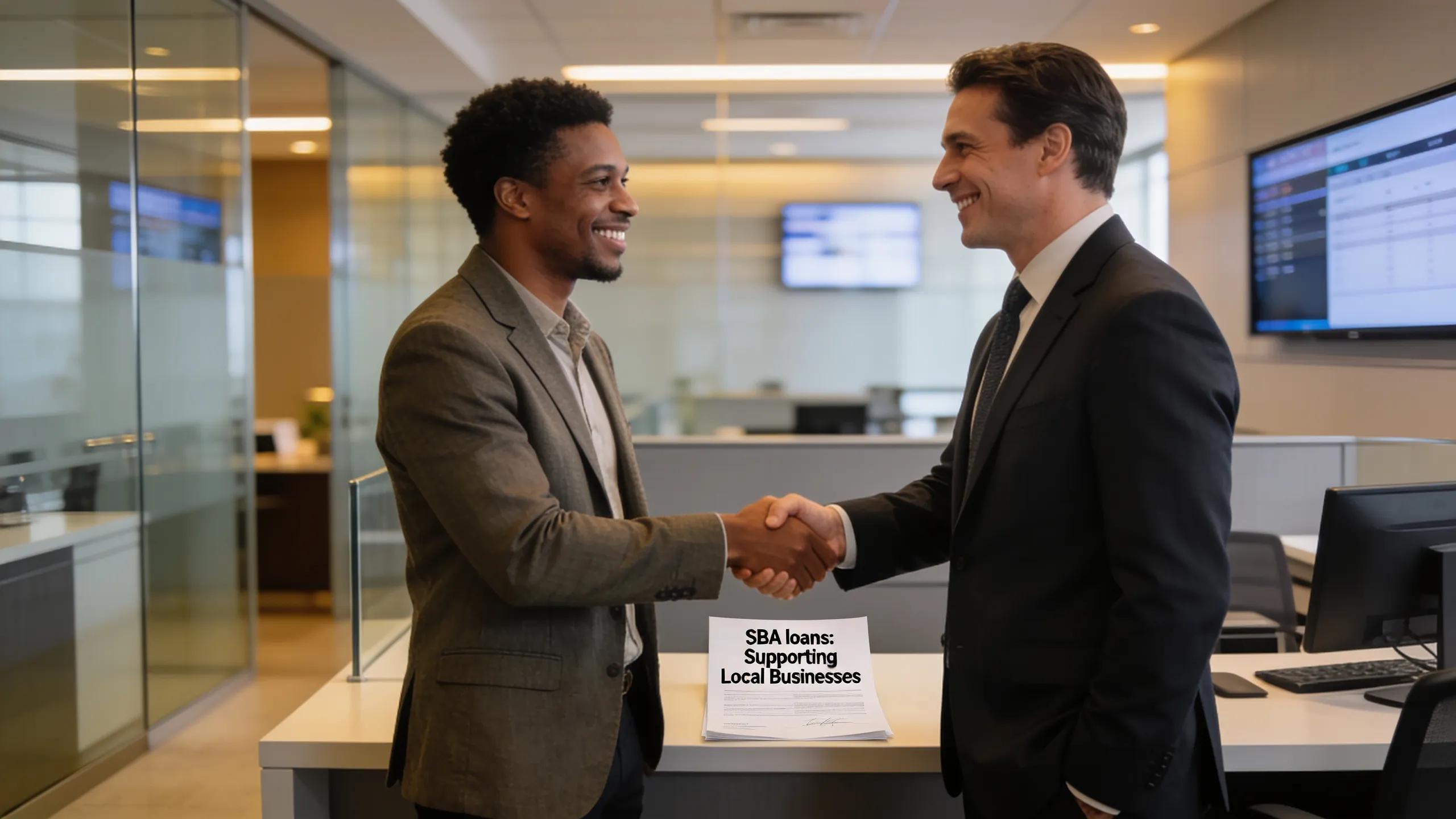 Entrepreneur shaking hands with a lender to finalize SBA loan support